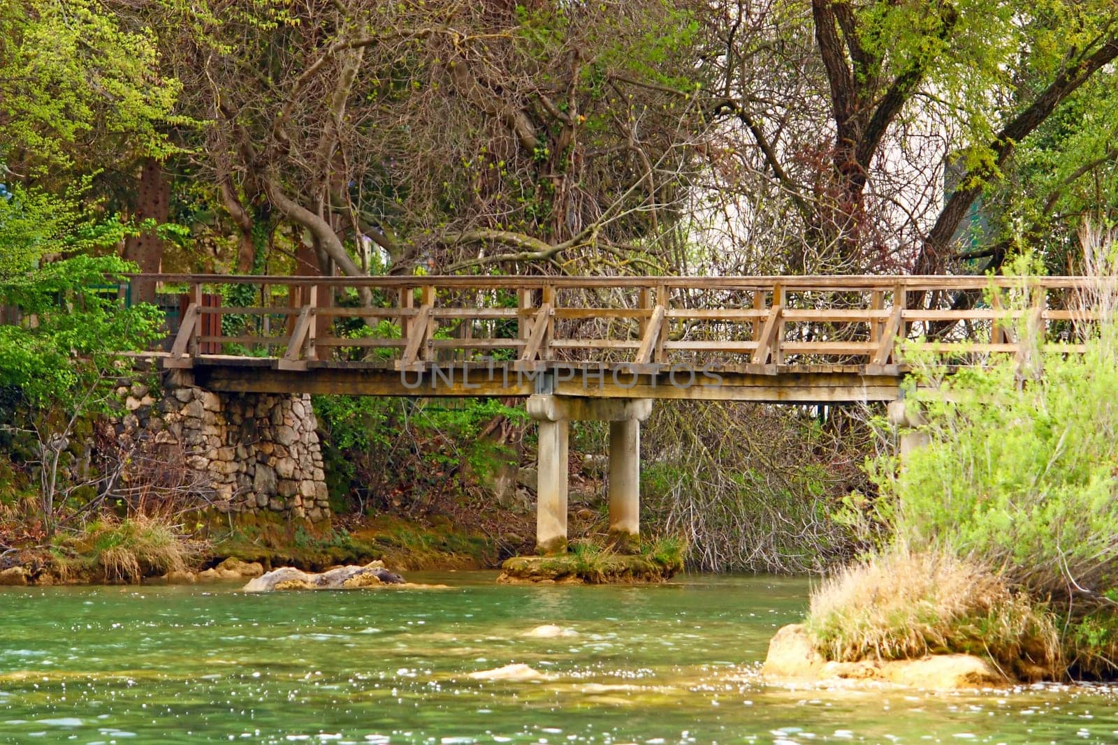 Wooden bridge over the river in the forest
