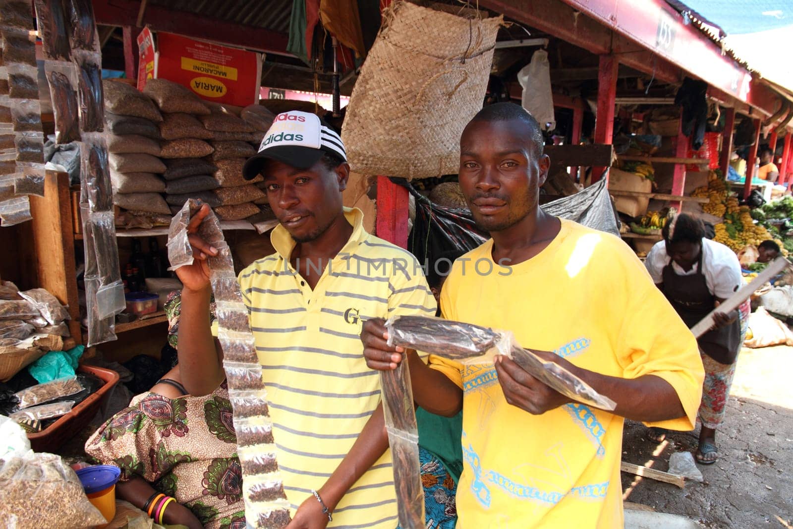 KAMPALA, UGANDA - SEPTEMBER 29 2012. Two young male spice vendors display the goods they have for sale in the food market in Kampala, Uganda on September 29,2012.