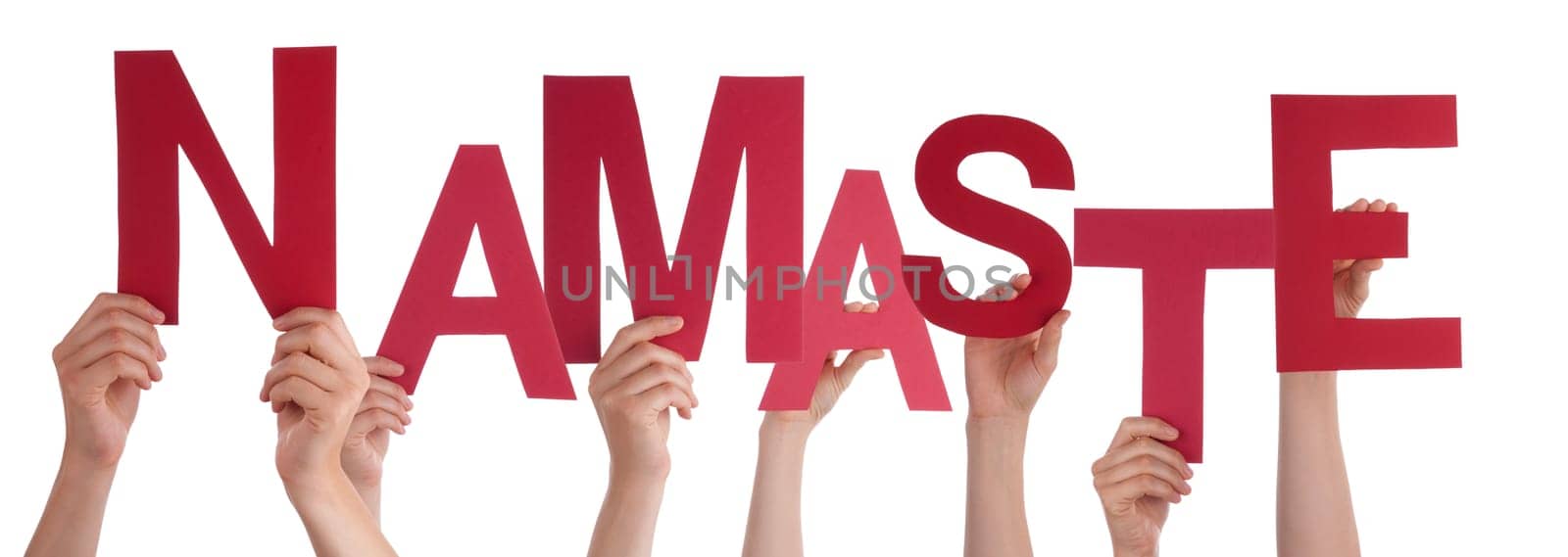 Many People Holding a Red Namaste Which Means Hello, Isolated