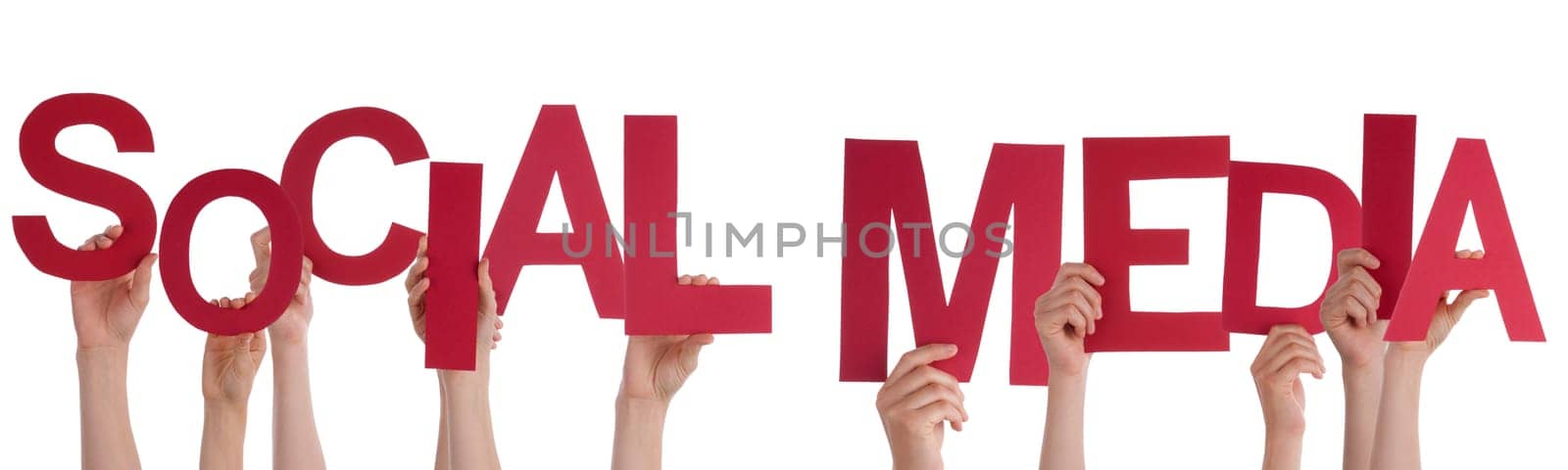 Many Hands Building the Red Words Social Media, Isolated