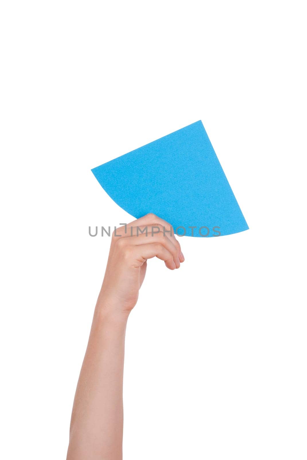 A Hand Holds a Blue Piece of Paper With Copyspace, Isolated
