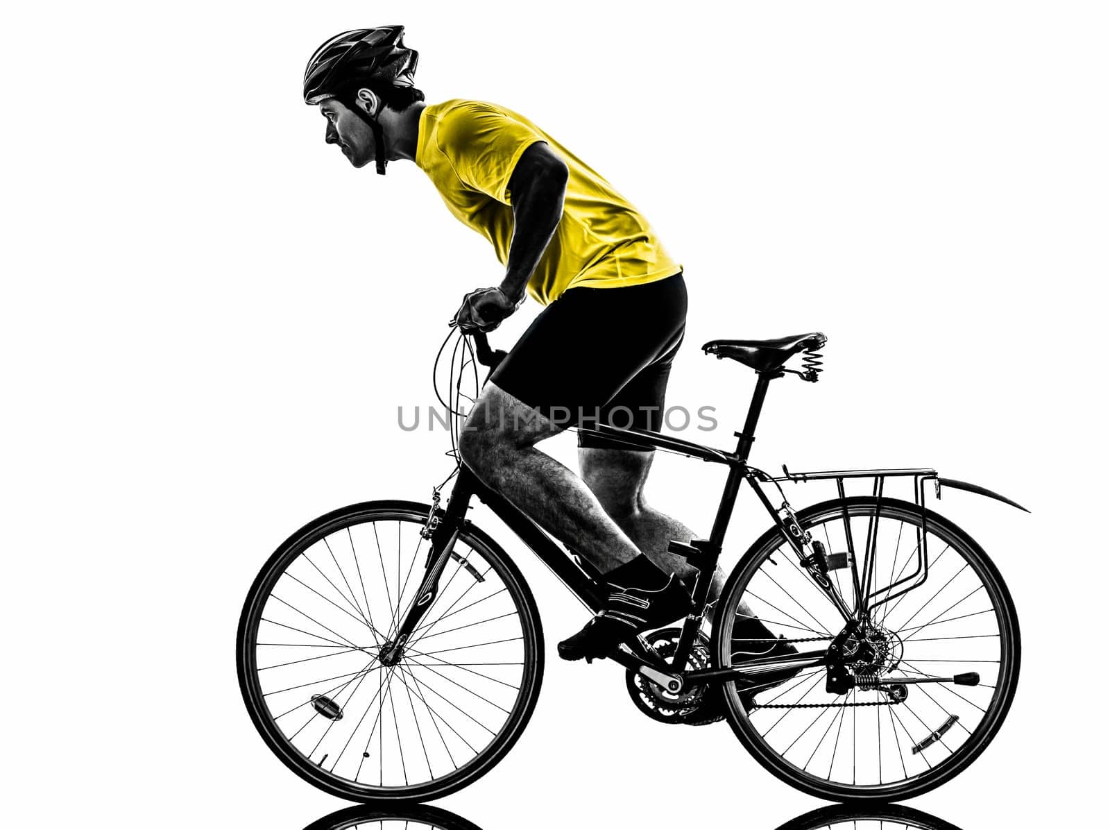 one caucasian man exercising bicycle mountain bike   on white background