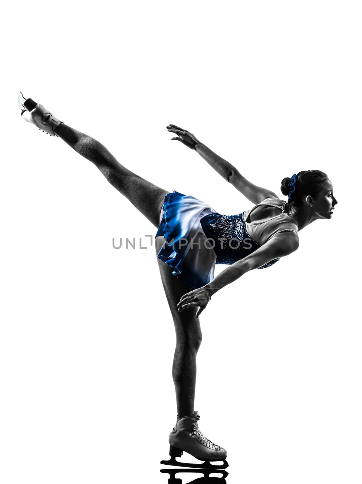 one caucasian woman  ice skater skating  in silhouette  on white background