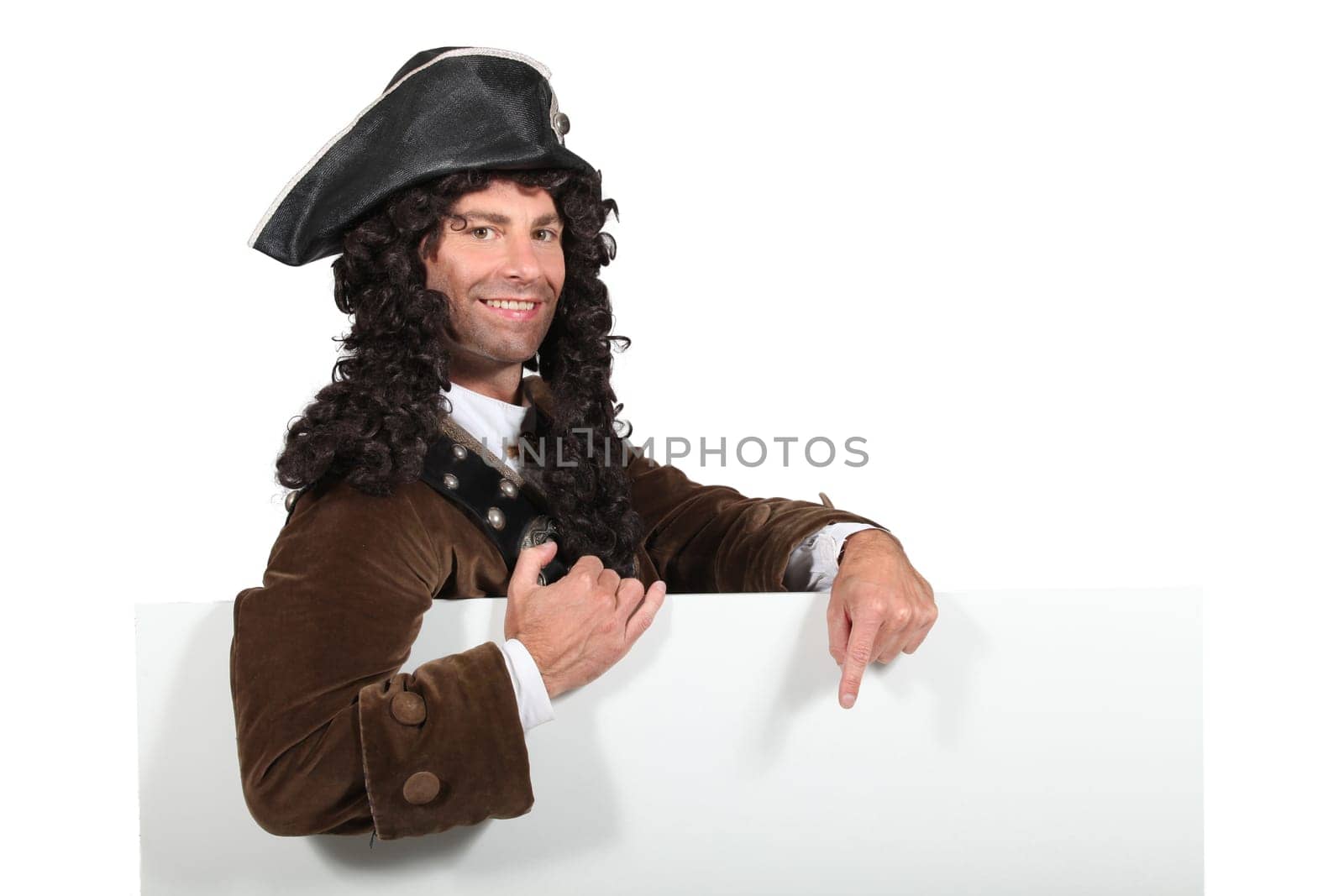Man in a period highwayman costume with a board blank for your message