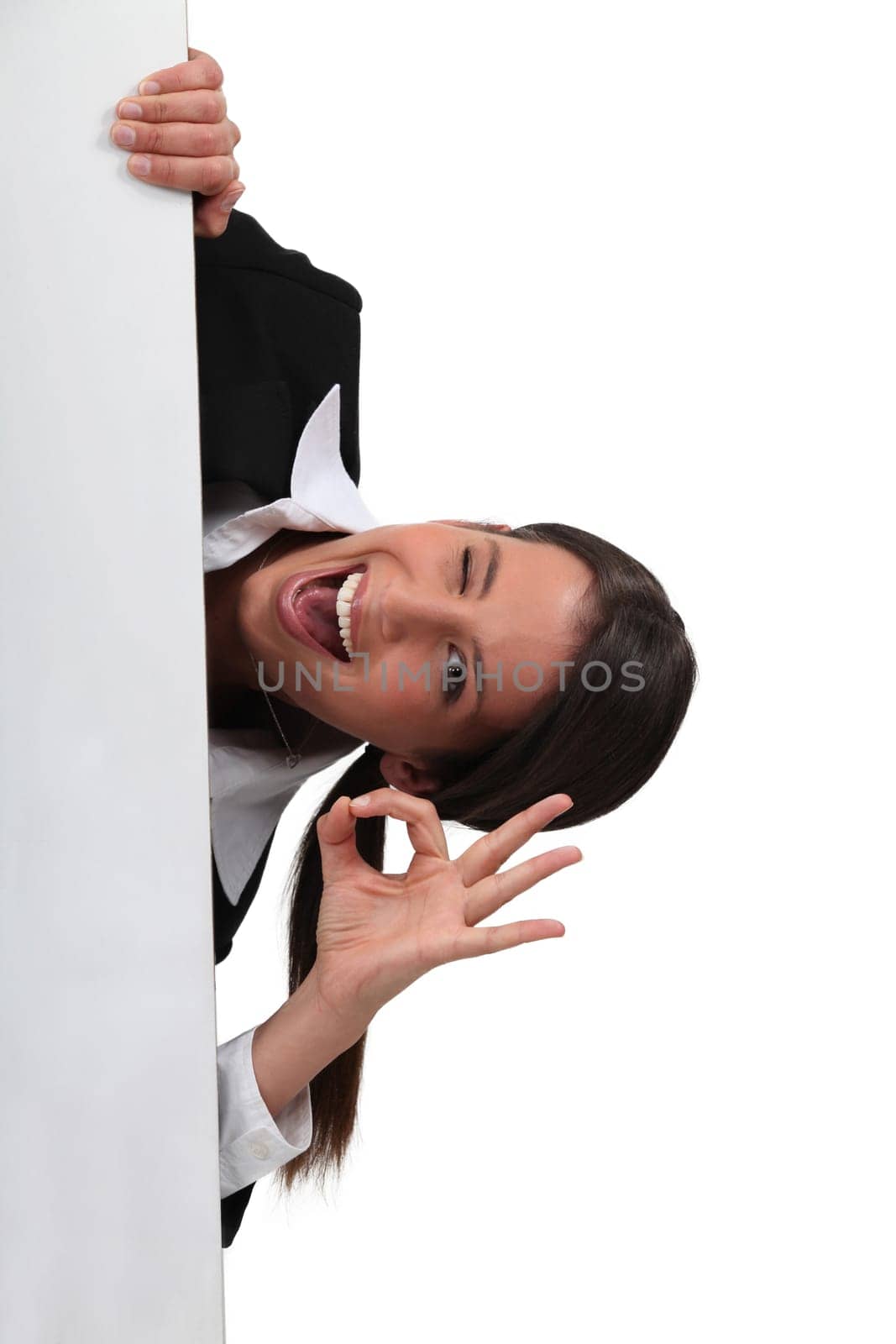 Businesswoman 'ok' with a board left blank for your message