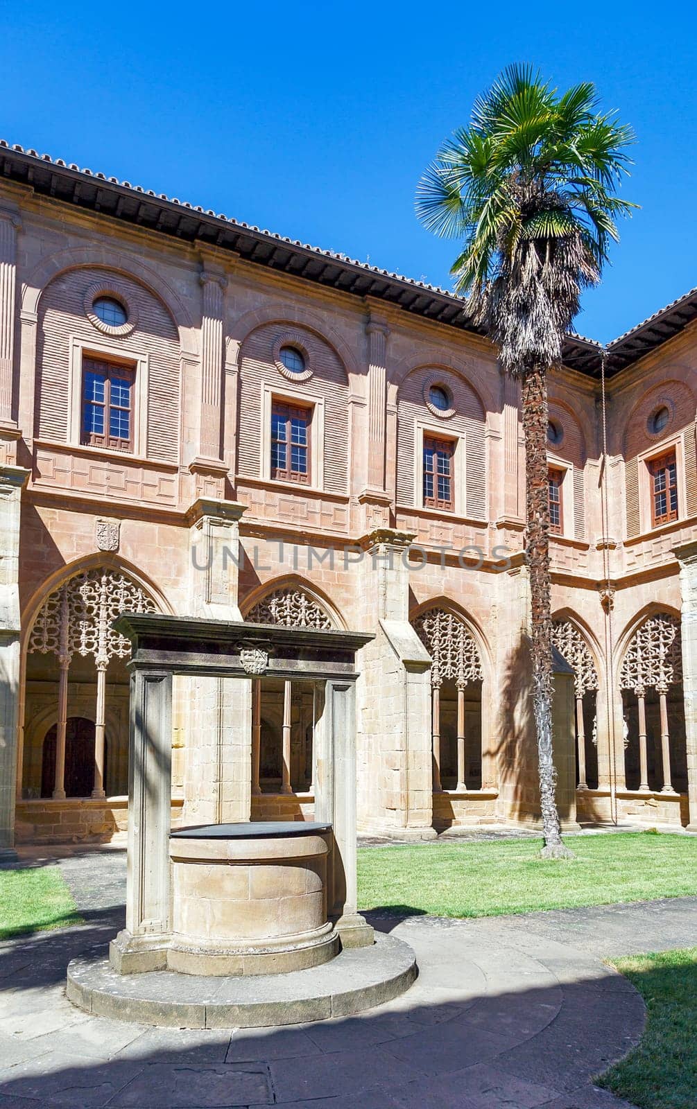 Cloister with prune in Santa Maria la Real monastery, Najera, La Rioja, Spain