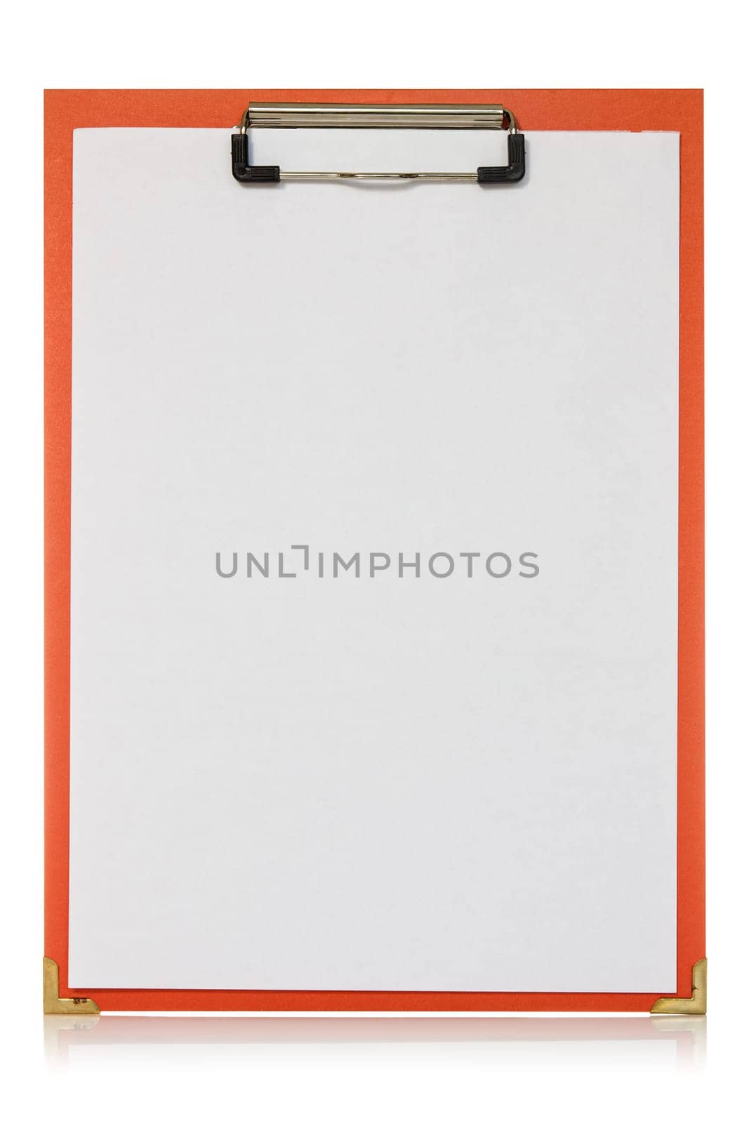 Red clipboard with blank paper sheet on the white background