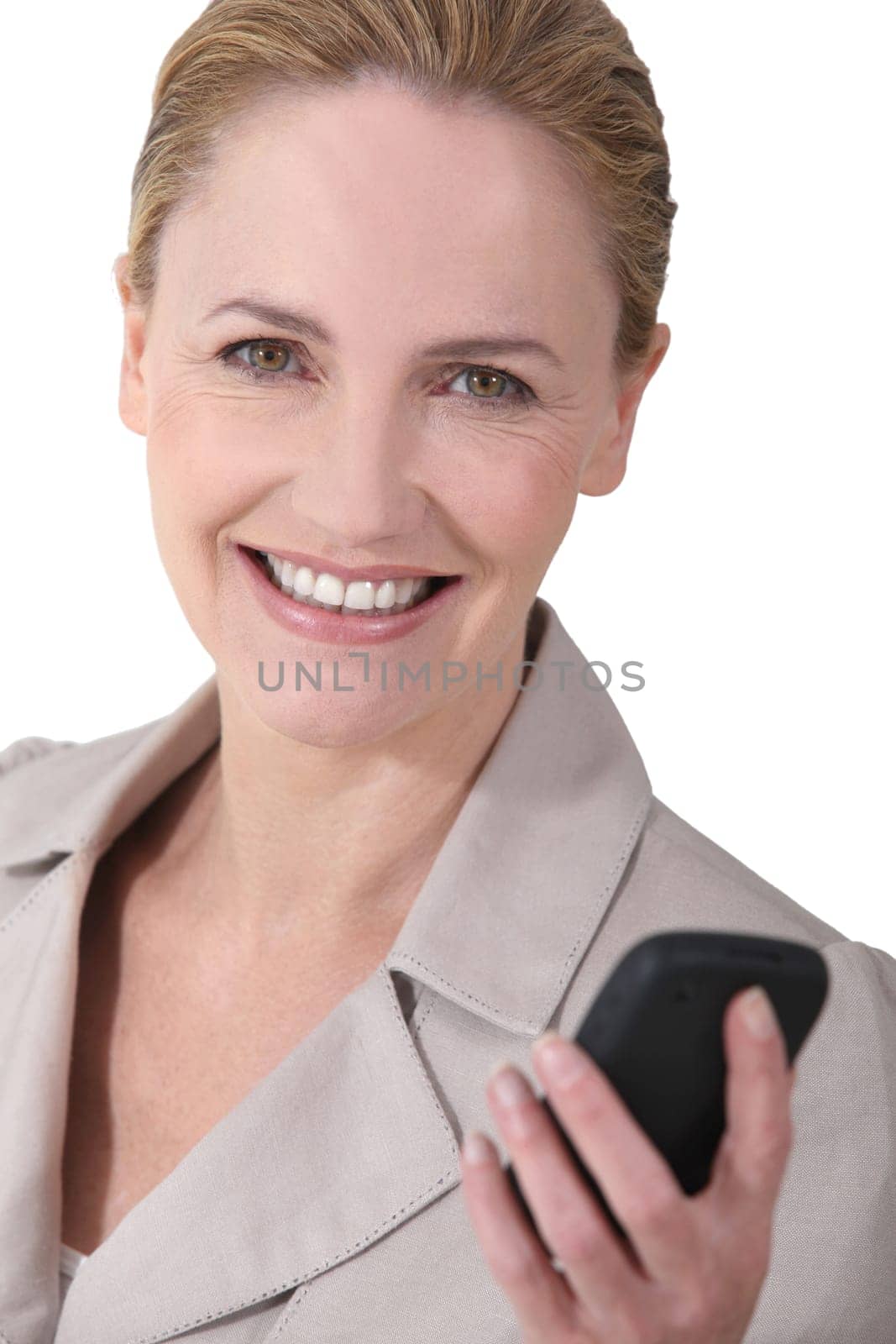 Cheerful woman sending message