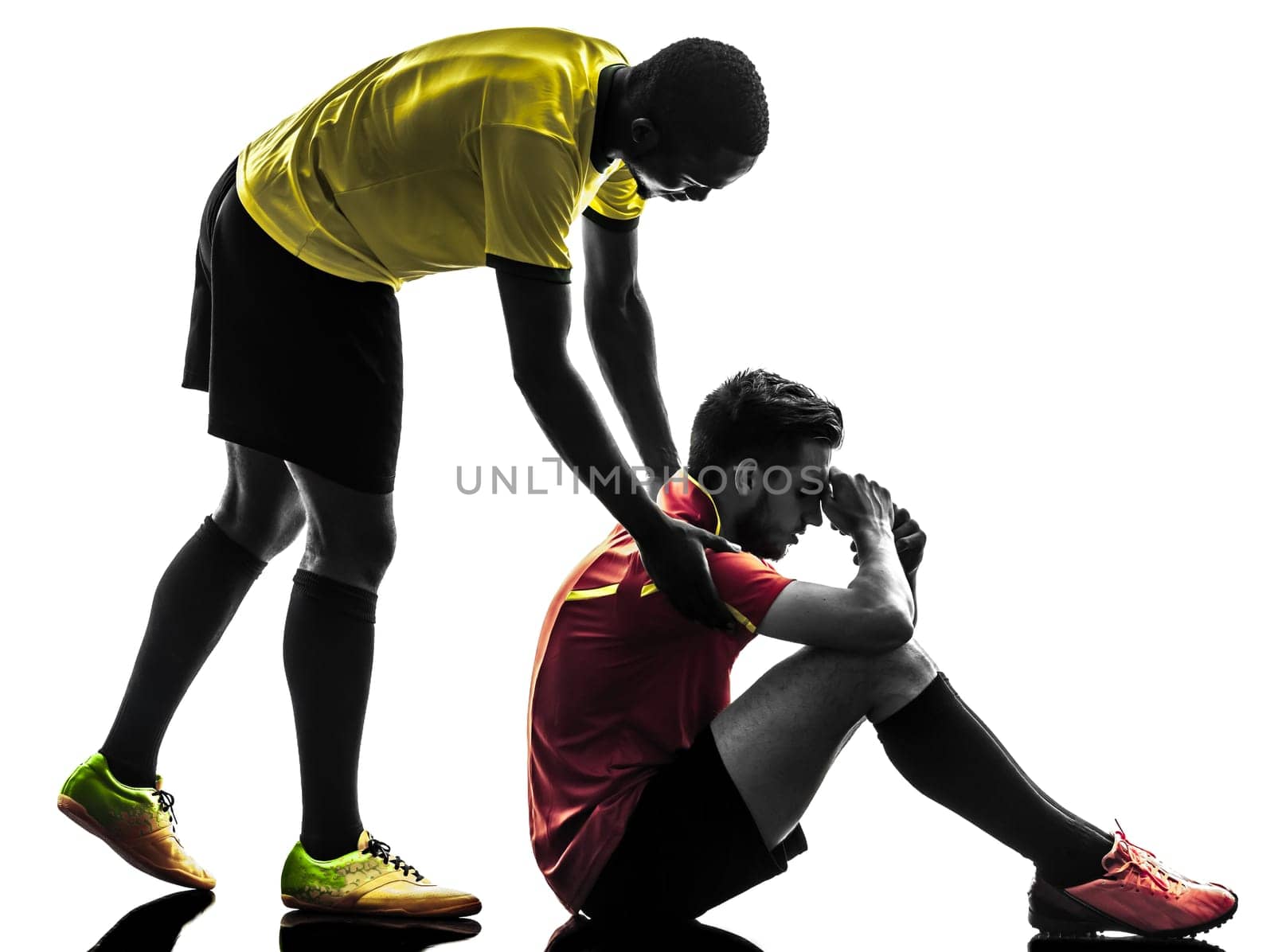 two men soccer player playing football competition  fair play concept in silhouette  on white background