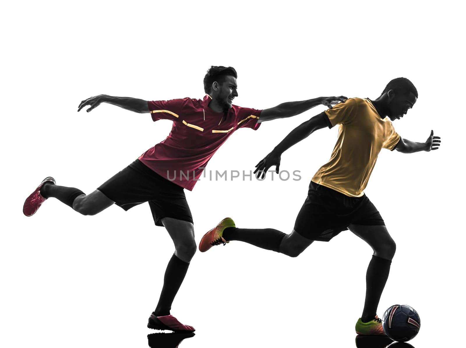 two men soccer player playing football competition in silhouette  on white background