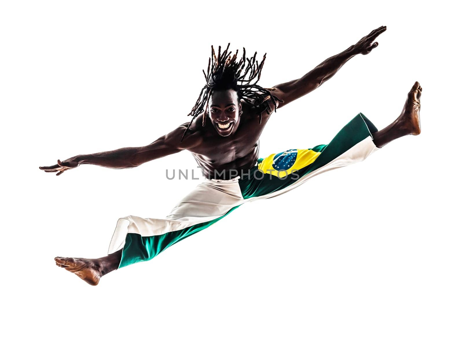 one brazilian  black man dancer dancing capoiera on white background