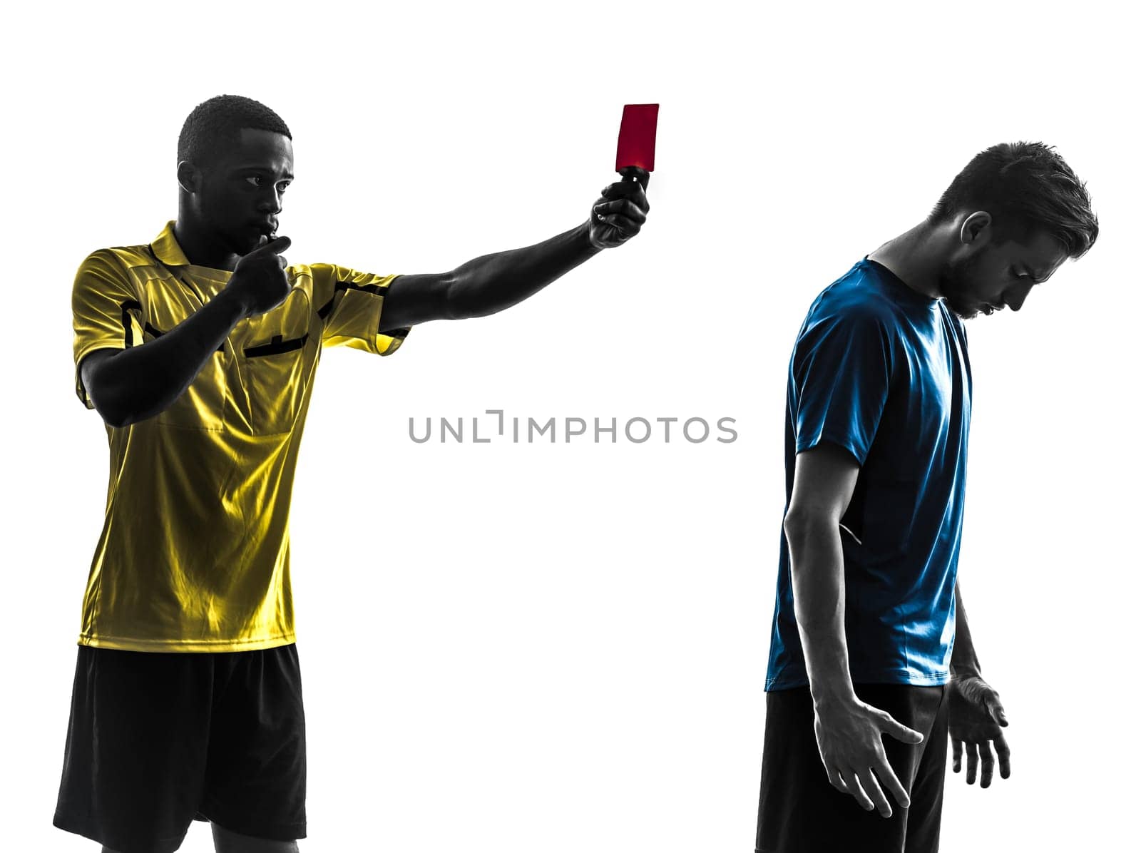 two men soccer player and referee showing red card in silhouette  on white background