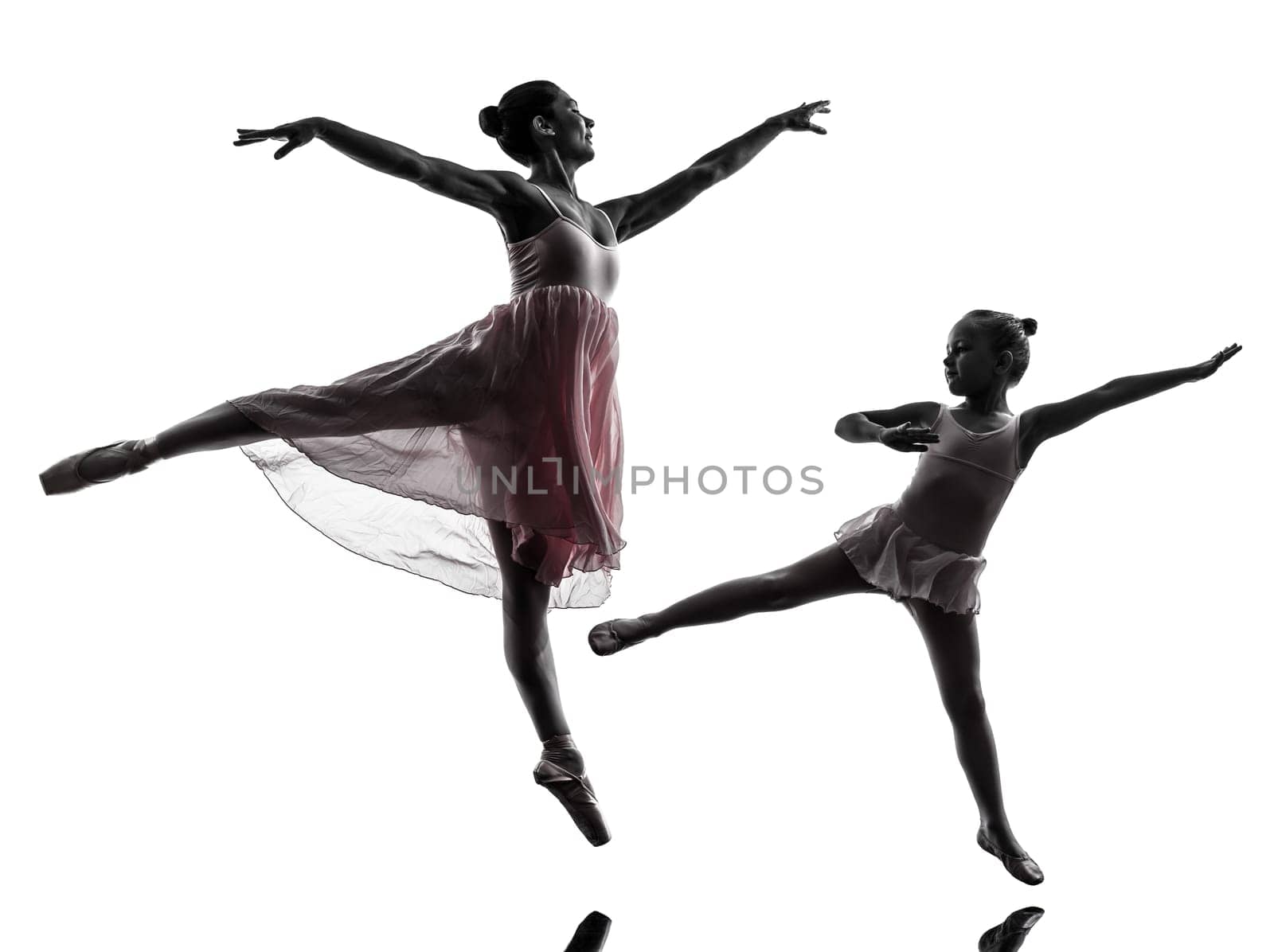 woman and  little girl   ballerina ballet dancer dancing in silhouette on white background