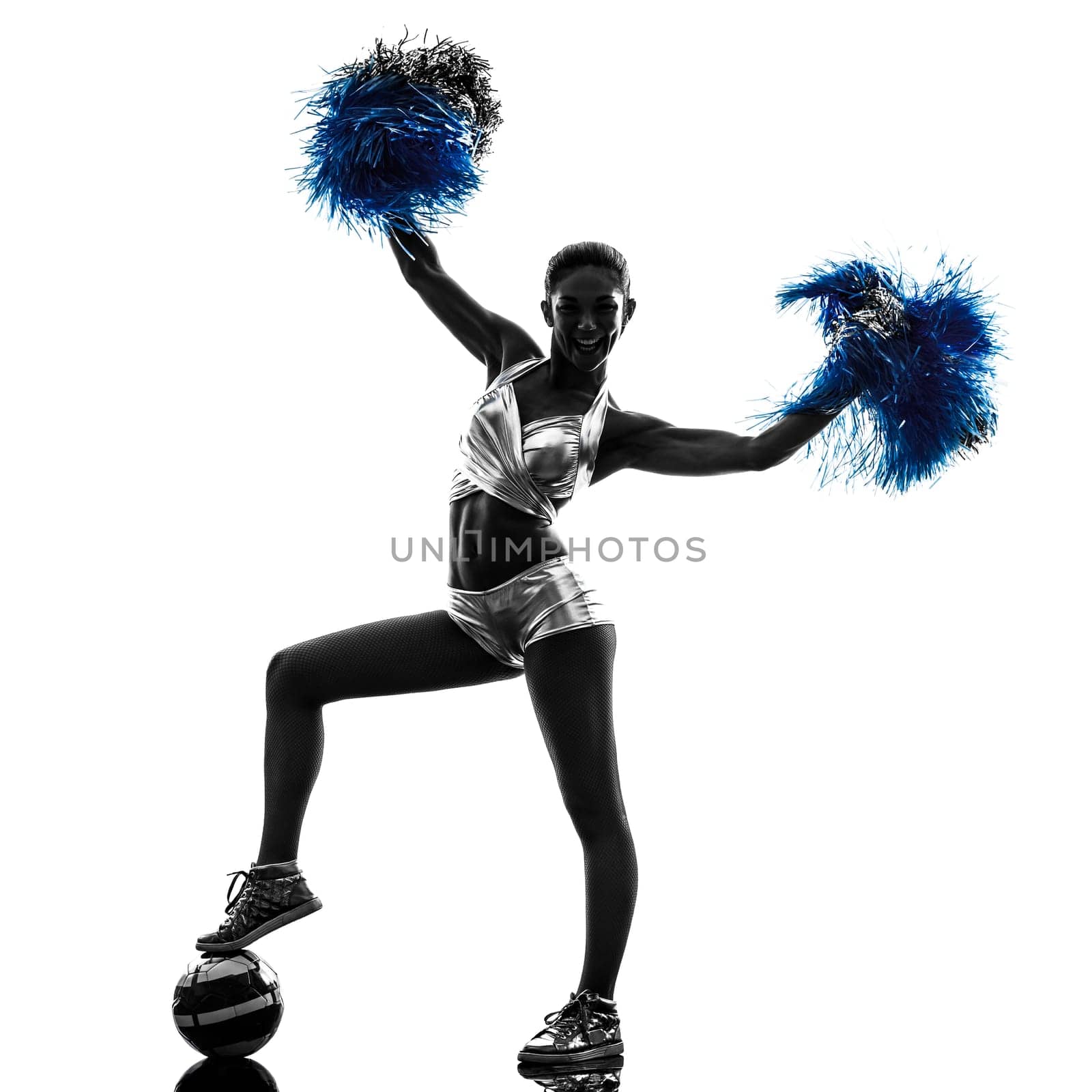 one young woman cheerleader cheerleading  silhouette studio on white background