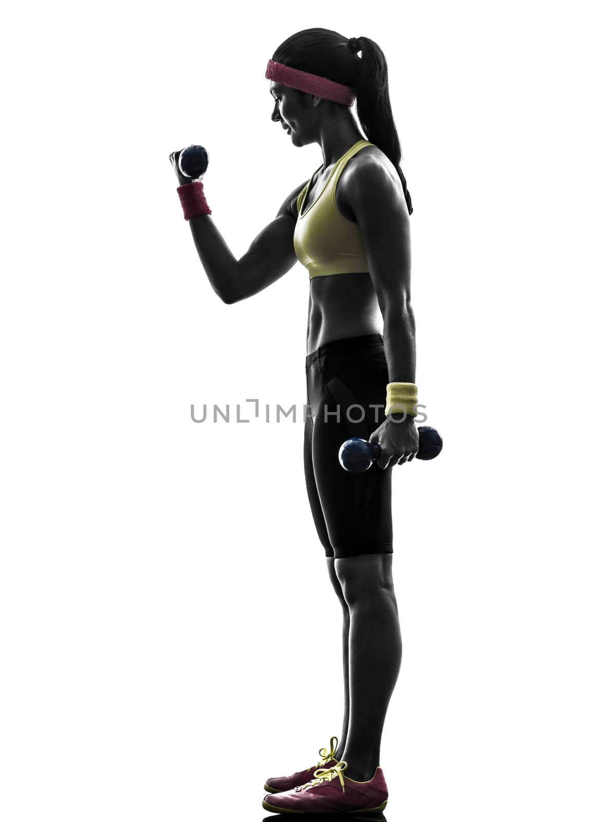 one  woman exercising fitness workout weight training in silhouette  on white background