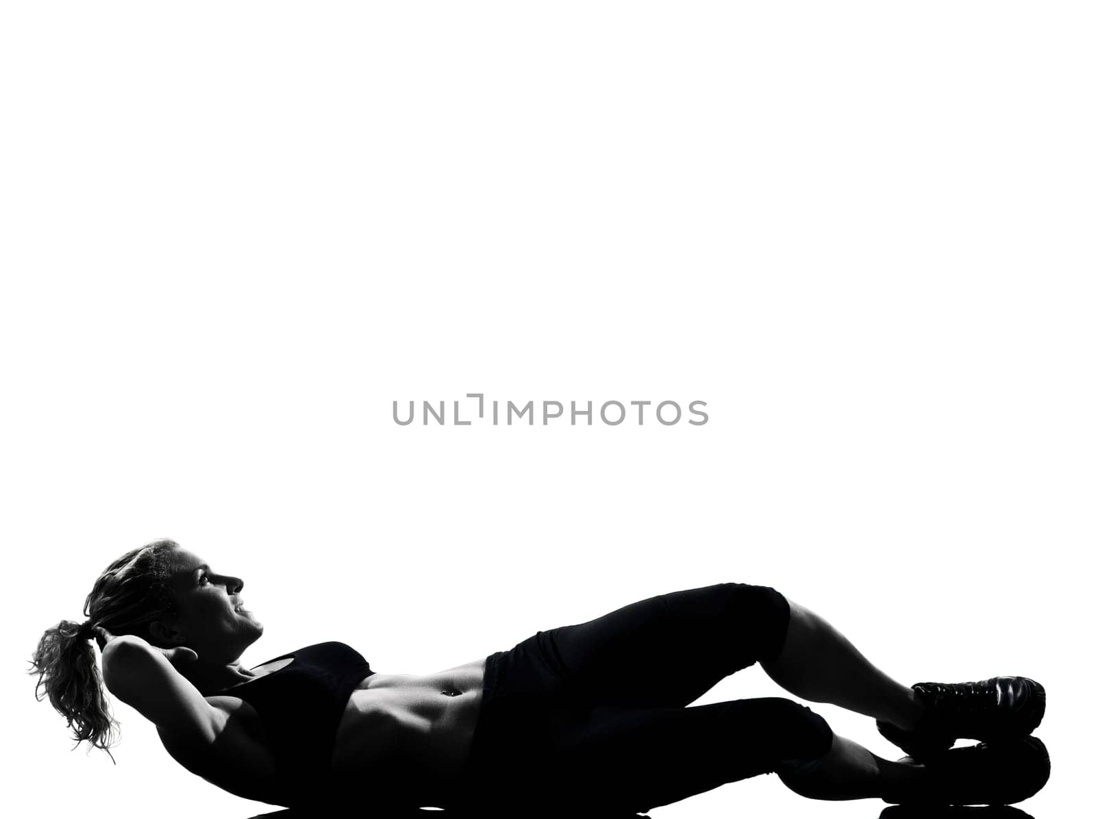 one woman exercising workout fitness aerobic exercise abdominals push ups posture on studio isolated white background