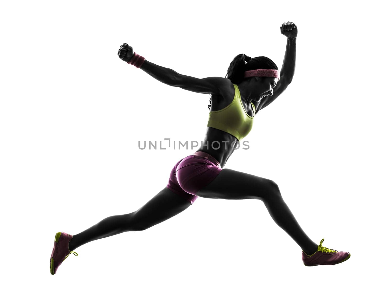 one caucasian woman runner running jumping  shouting in silhouette on white background