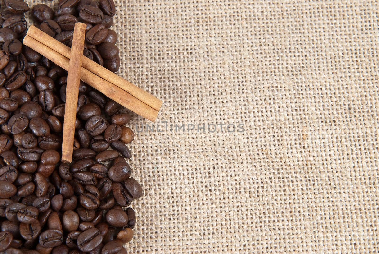 Background of burlap and coffee beans with a copy space.