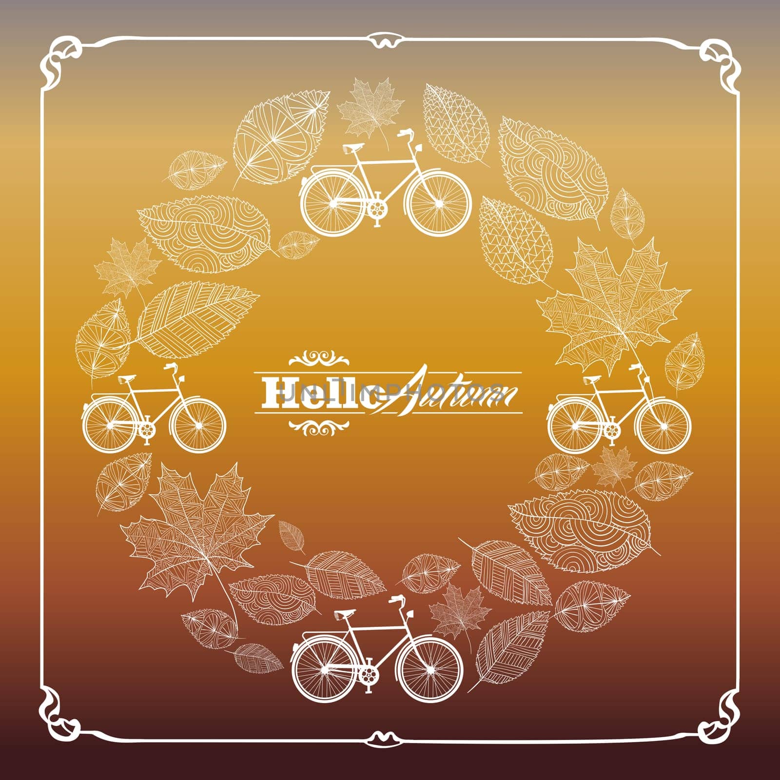 Vintage hello autumn text with bicycles and hand drawn leaves in circle composition frame background. EPS10 vector file organized in layers for easy editing.
