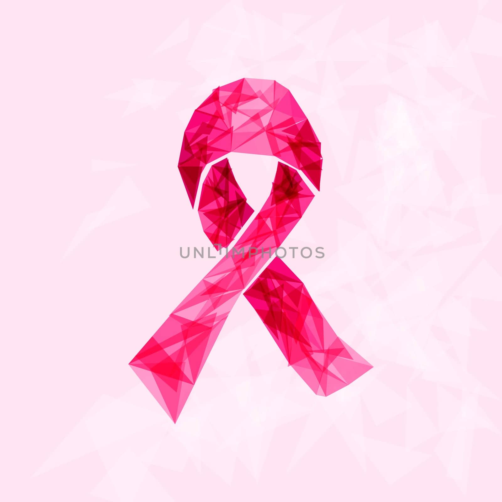 Breast cancer awareness ribbon symbol made with transparent triangles over pink background. EPS10 vector file with transparency organized in layers for easy editing.