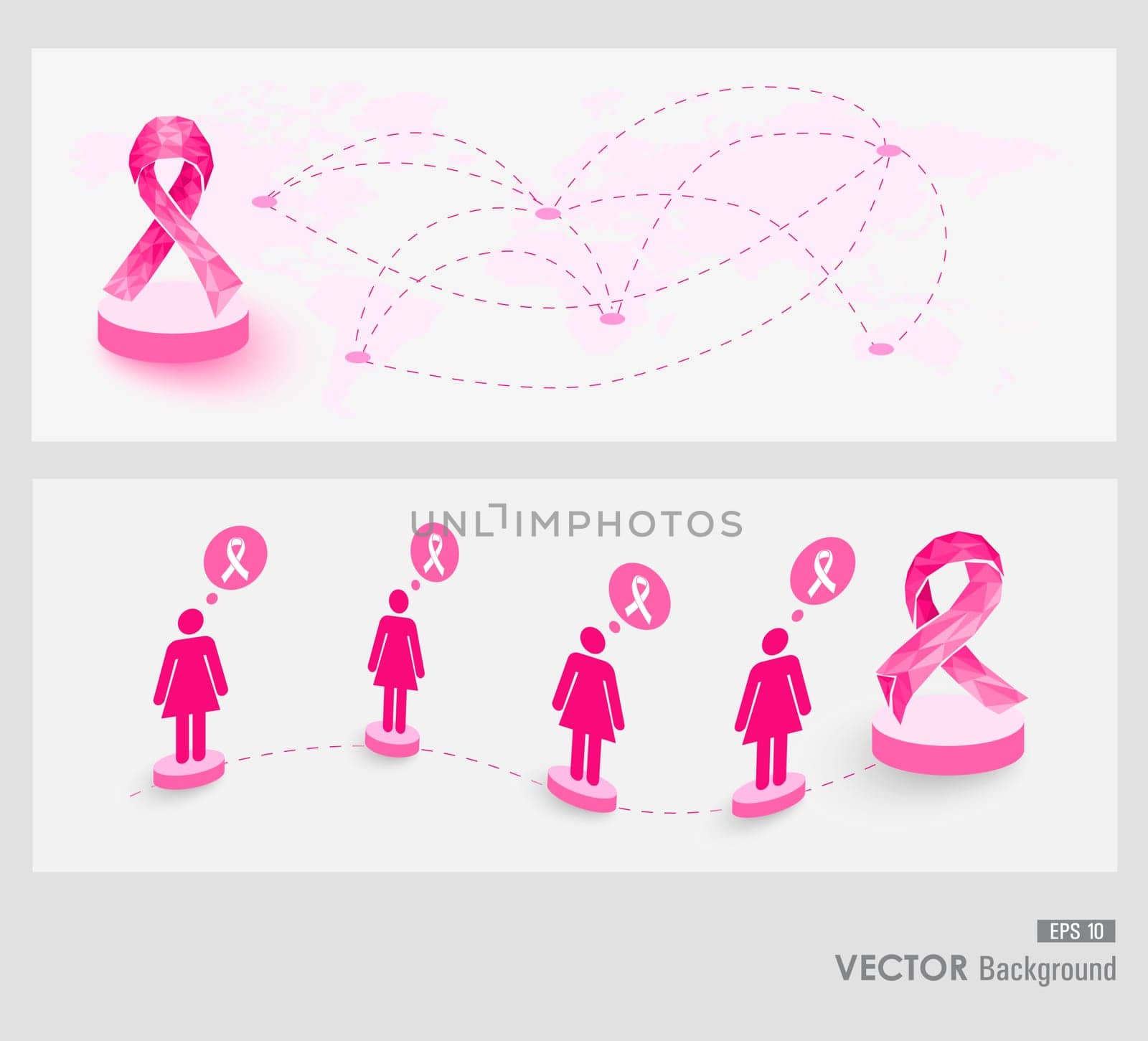 Global collaboration breast cancer awareness concept illustration. Connecting social media women over World map web banners set. EPS10 vector file with transparency organized in layers for easy editing.