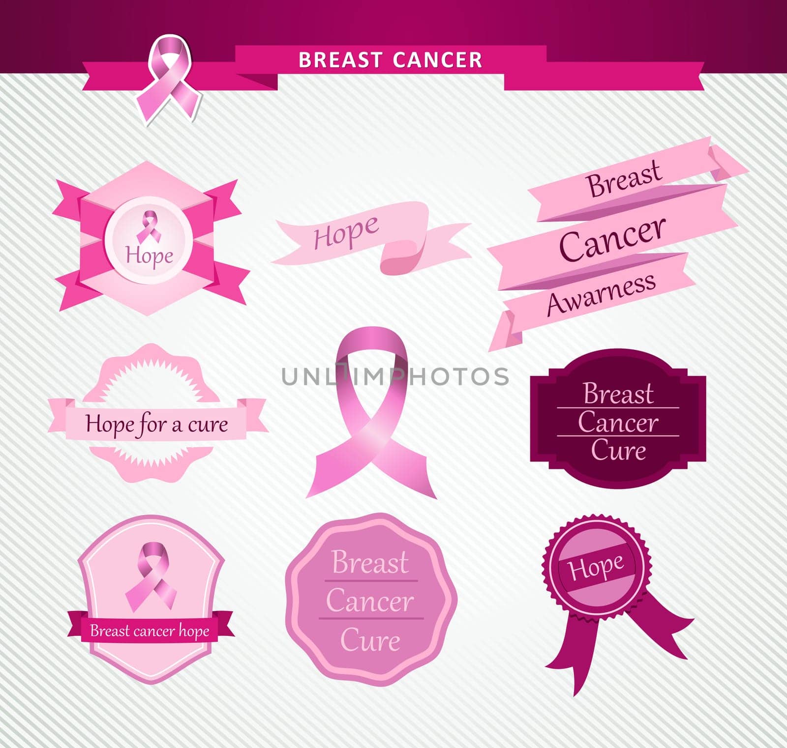 Breast cancer awareness vintage ribbons and labels set. EPS10 vector file organized in layers for easy editing..