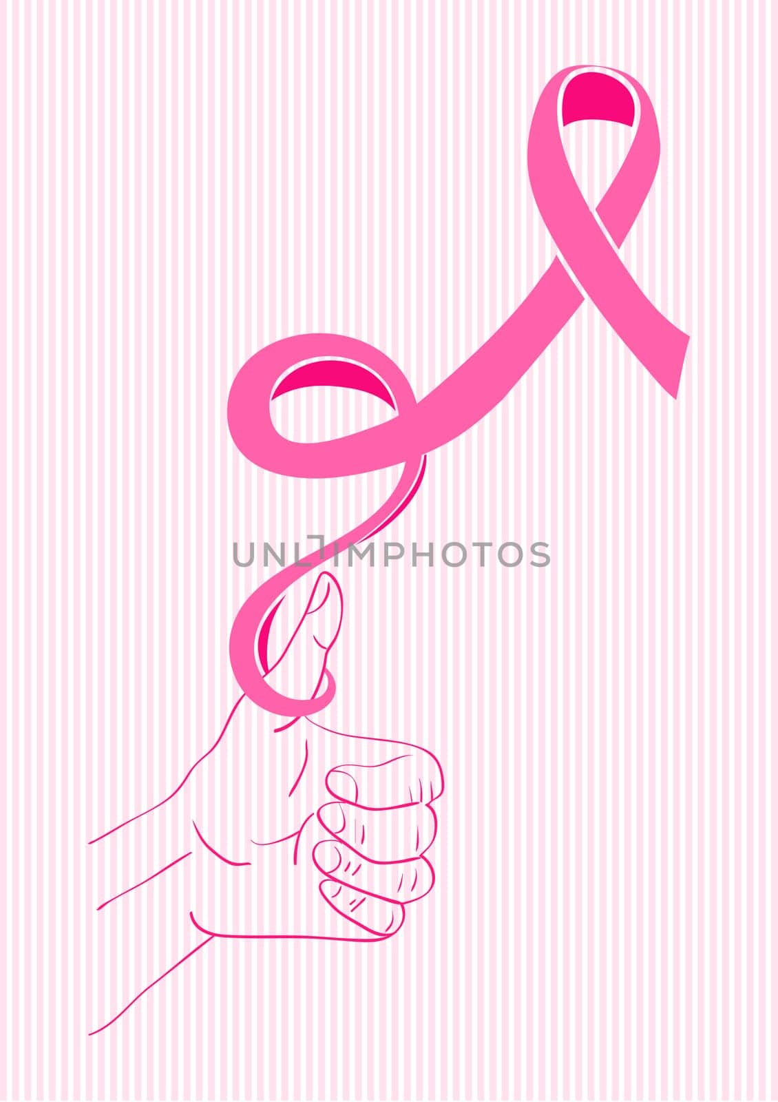 Breast cancer ribbon symbol awareness concept with human hand thumb up as collaboration concept illustration. EPS10 vector file with transparency organized in layers for easy editing.