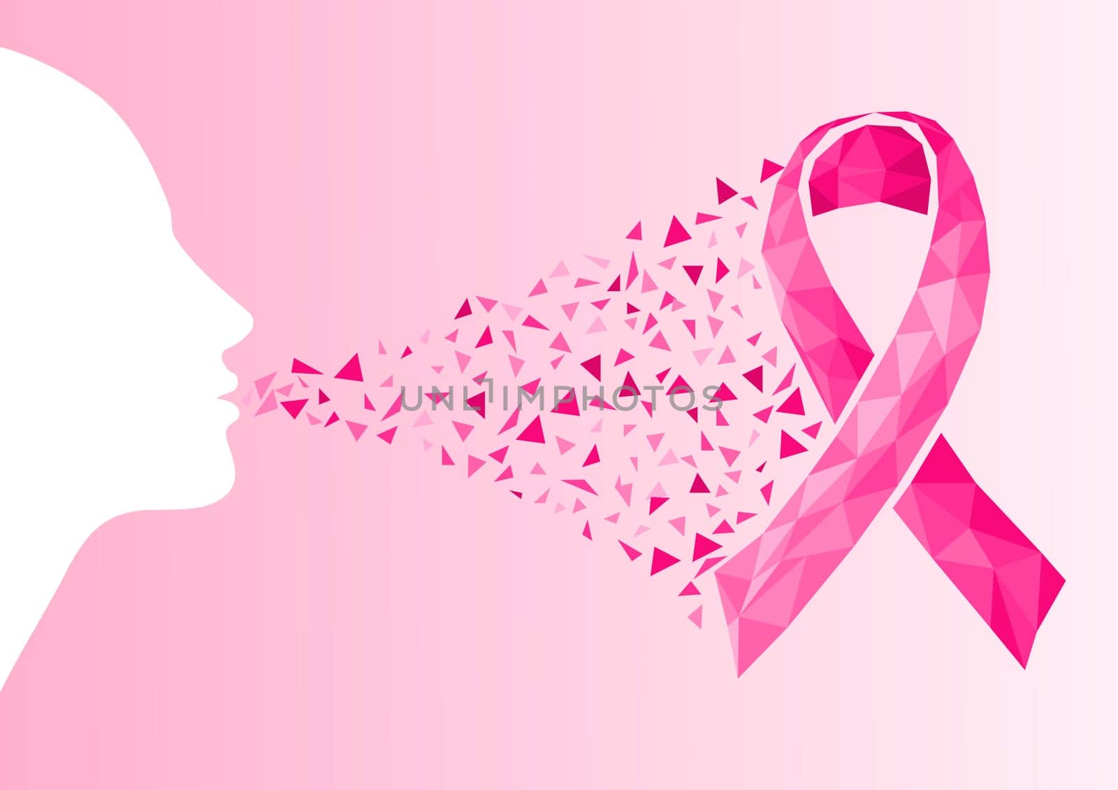 Breast cancer awareness ribbon symbol. Transparent triangles and human woman profile shape background. EPS10 vector file with transparency organized in layers for easy editing.