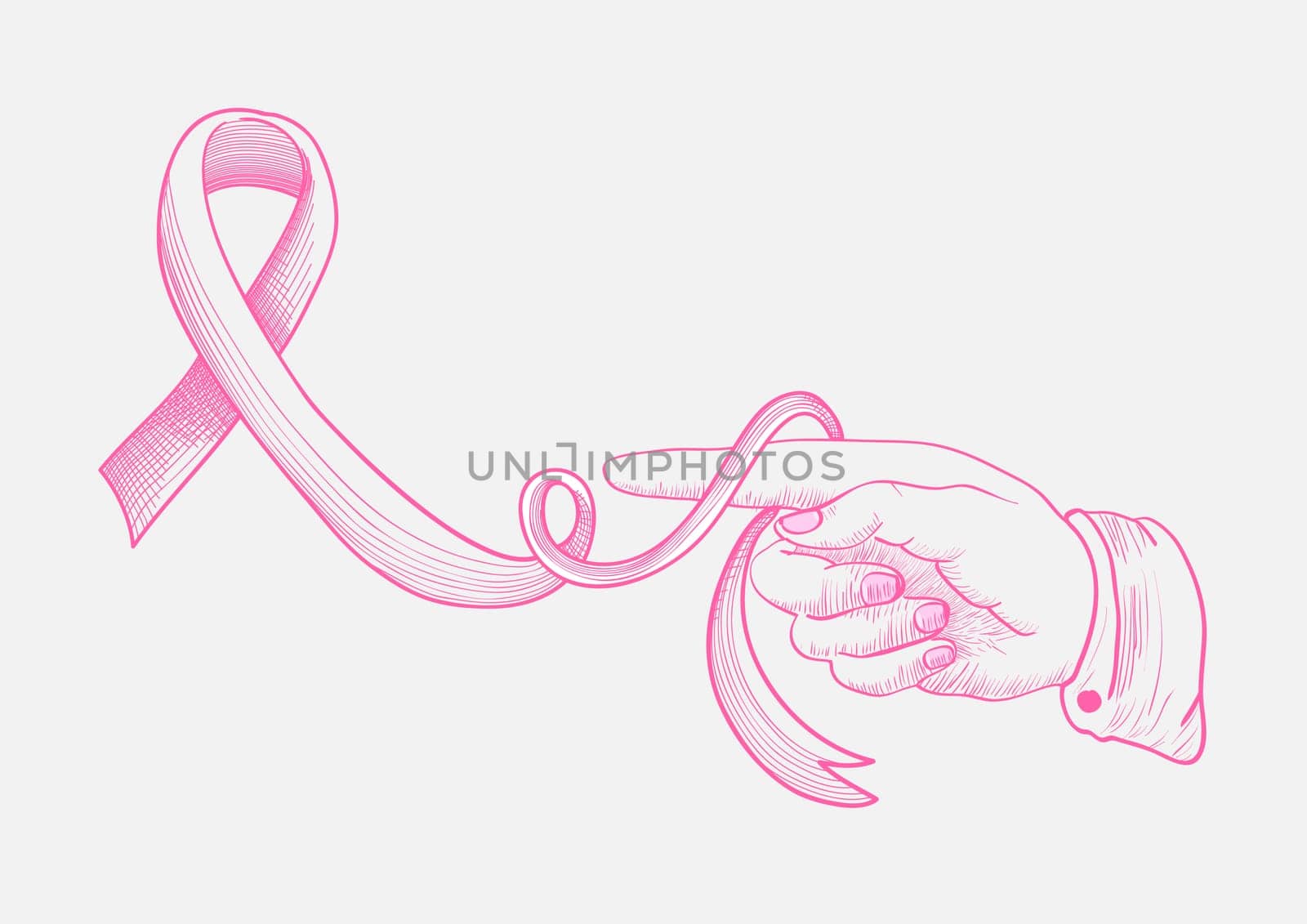 Breast cancer ribbon symbol awareness concept with human hand as consciousness concept illustration. EPS10 vector file with transparency organized in layers for easy editing.