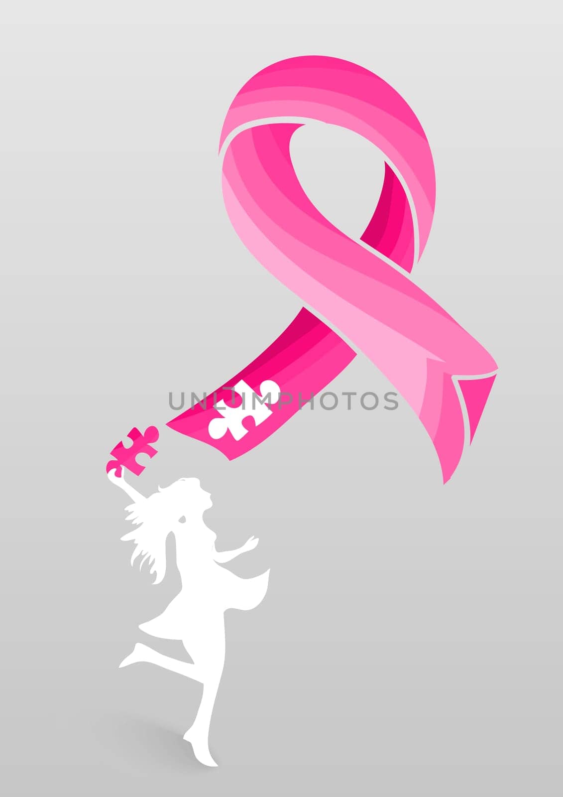 Breast cancer awareness concept illustration. Woman places jigsaw piece into ribbon symbol. EPS10 vector file organized in layers for easy editing.