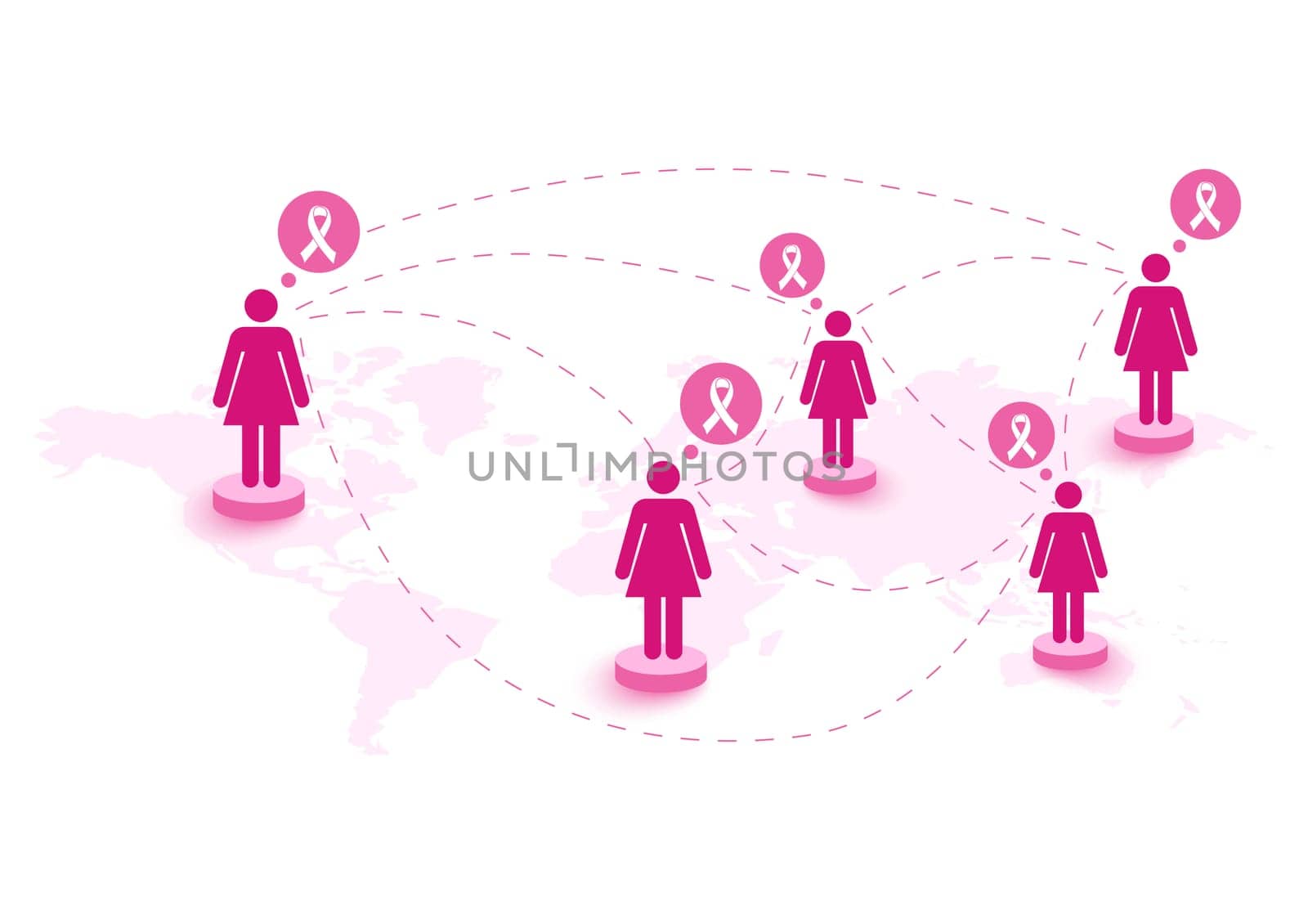 Global collaboration breast cancer awareness concept illustration. Connecting social media women over World map.. Connecting social media women over World map. EPS10 vector file with transparency organized in layers for easy editing.