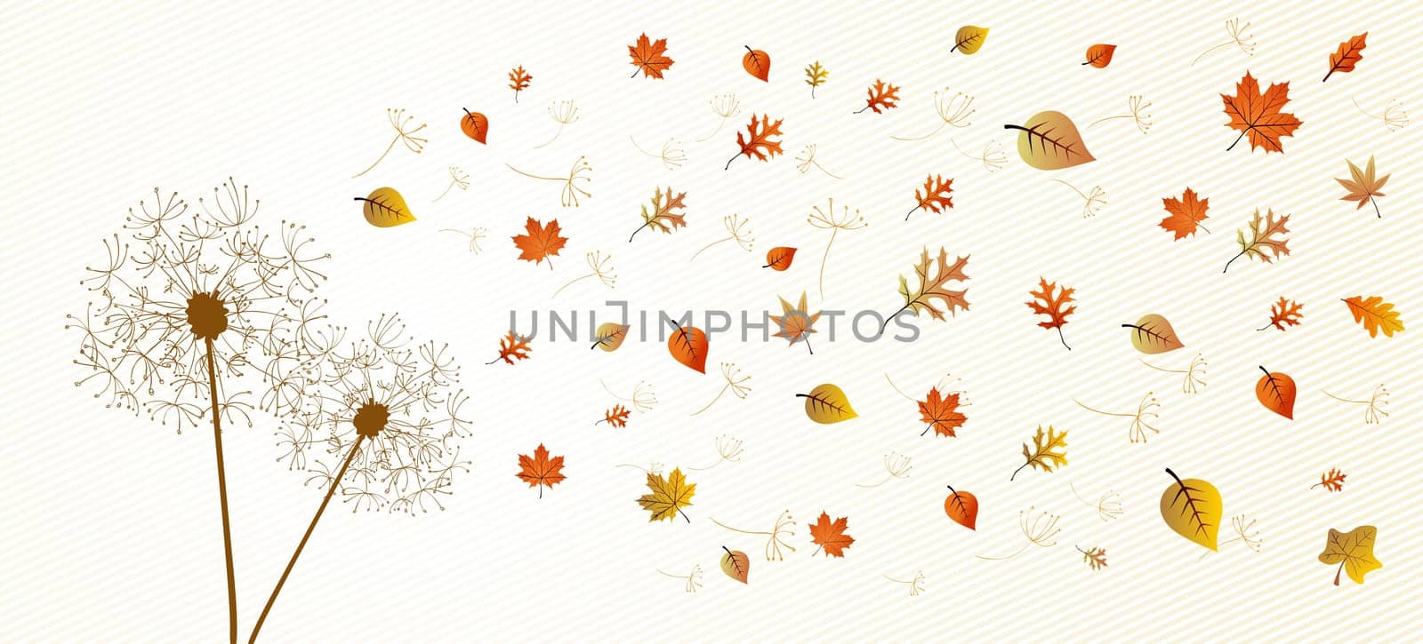 Abstract autumn composition. Dandelion with flying leaves and flower petals background illustration. EPS10 vector file organized in layers for easy editing.