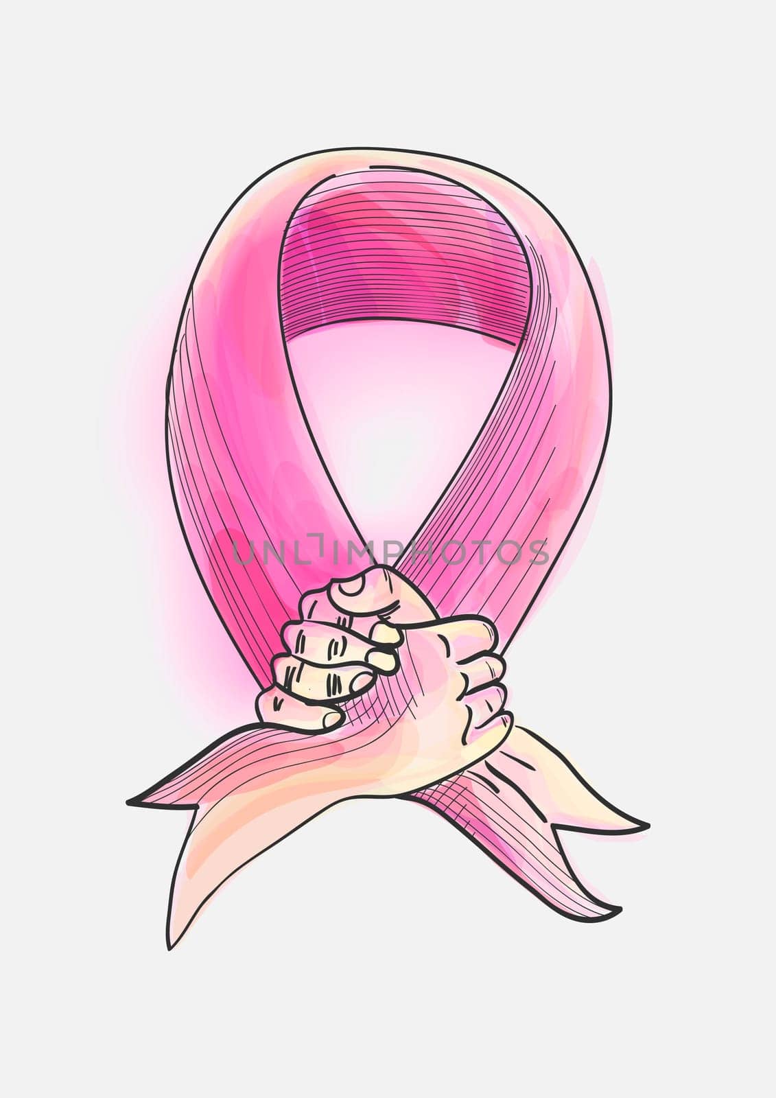 Global collaboration breast cancer awareness concept illustration. Human hand shake creates a ribbon symbol. EPS10 vector file with transparency organized in layers for easy editing.