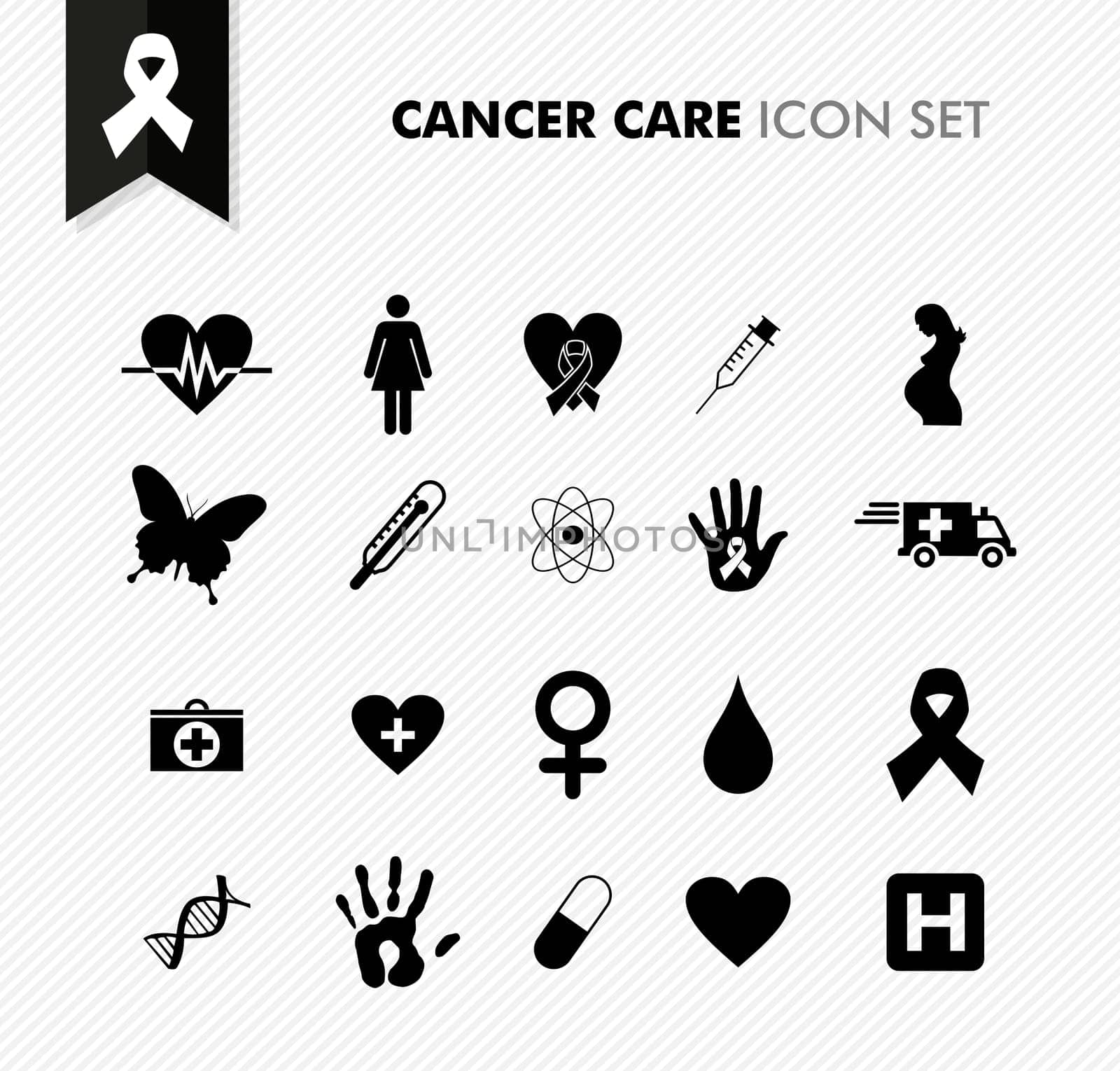 Breast cancer awareness ribbon symbol and health care elements icons set. EPS10 vector file organized in layers for easy editing.