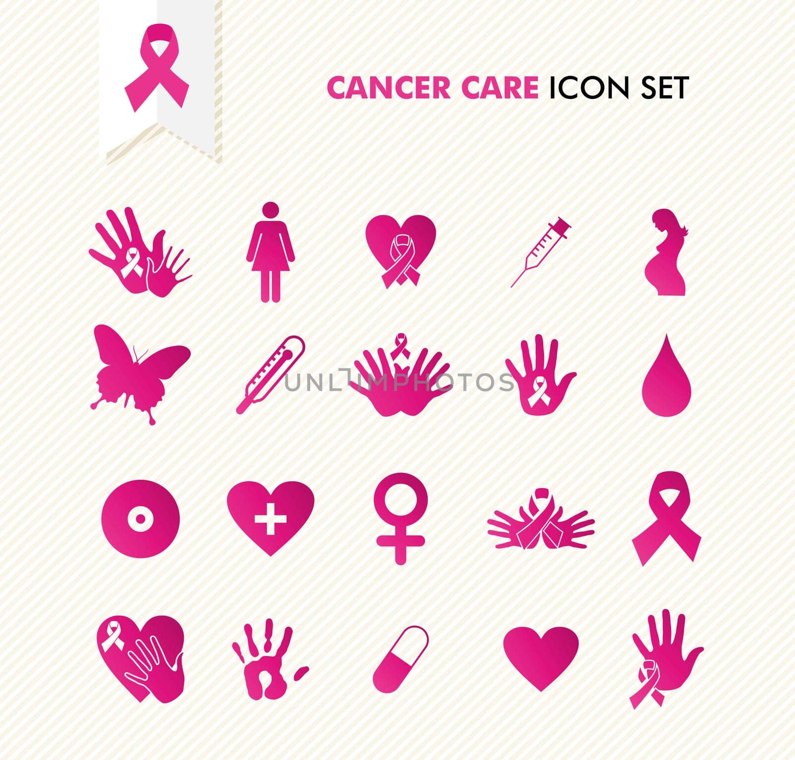 Breast cancer awareness ribbon symbol and health care elements icons set. EPS10 vector file organized in layers for easy editing.