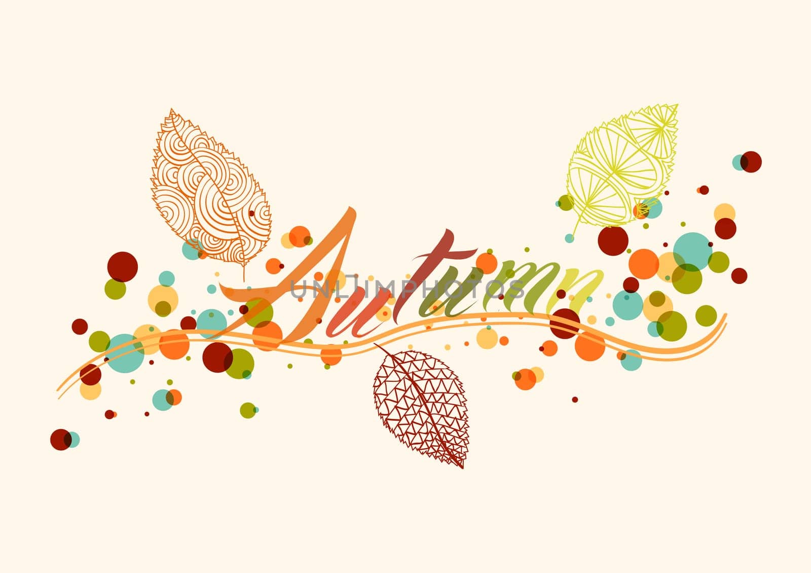 Abstract autumn composition. Leaf with colorful transparent bubbles inside illustration. EPS10 vector file organized in layers for easy editing.