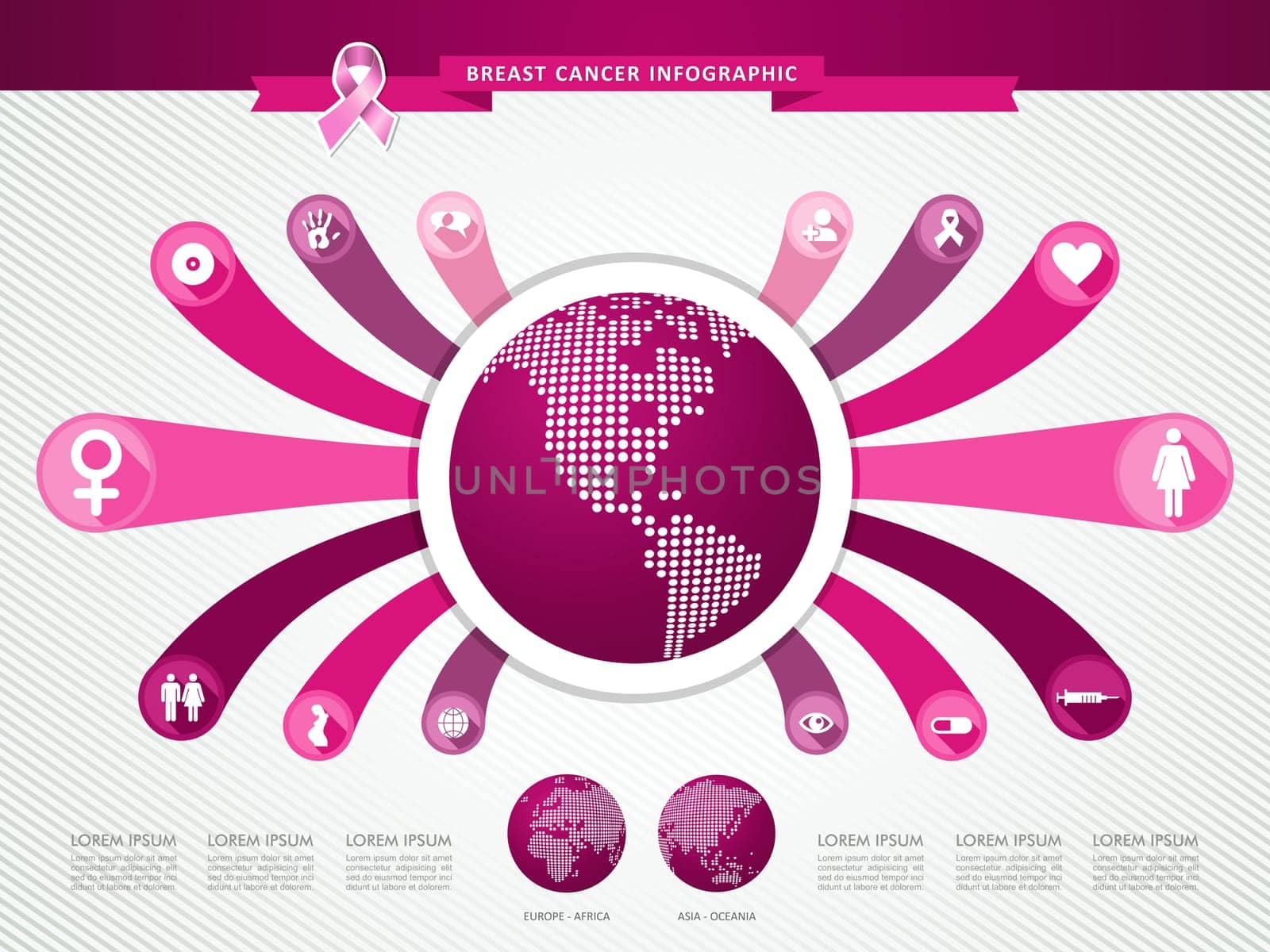 Breast cancer awareness infographics ribbon symbol with global links information graphic icons template. EPS10 vector file organized in layers for easy editing.