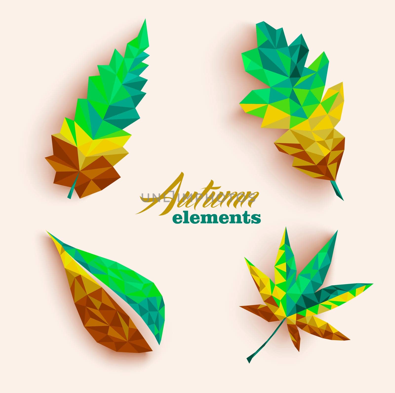 Trendy 3d geometric autumn leaves compositions set. EPS10 vector file organized in layers for easy editing.