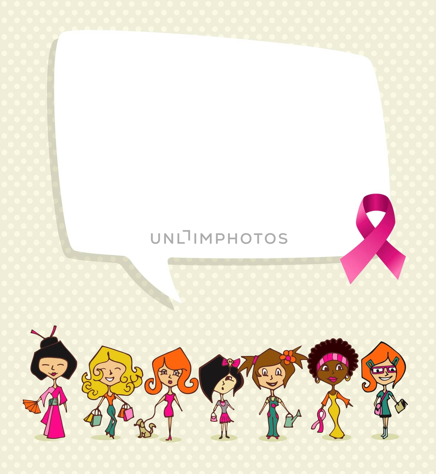 Breast cancer awareness concept illustration. Global diversity women communication idea, social media speech bubble and ribbon symbol. EPS10 vector file organized in layers for easy editing.