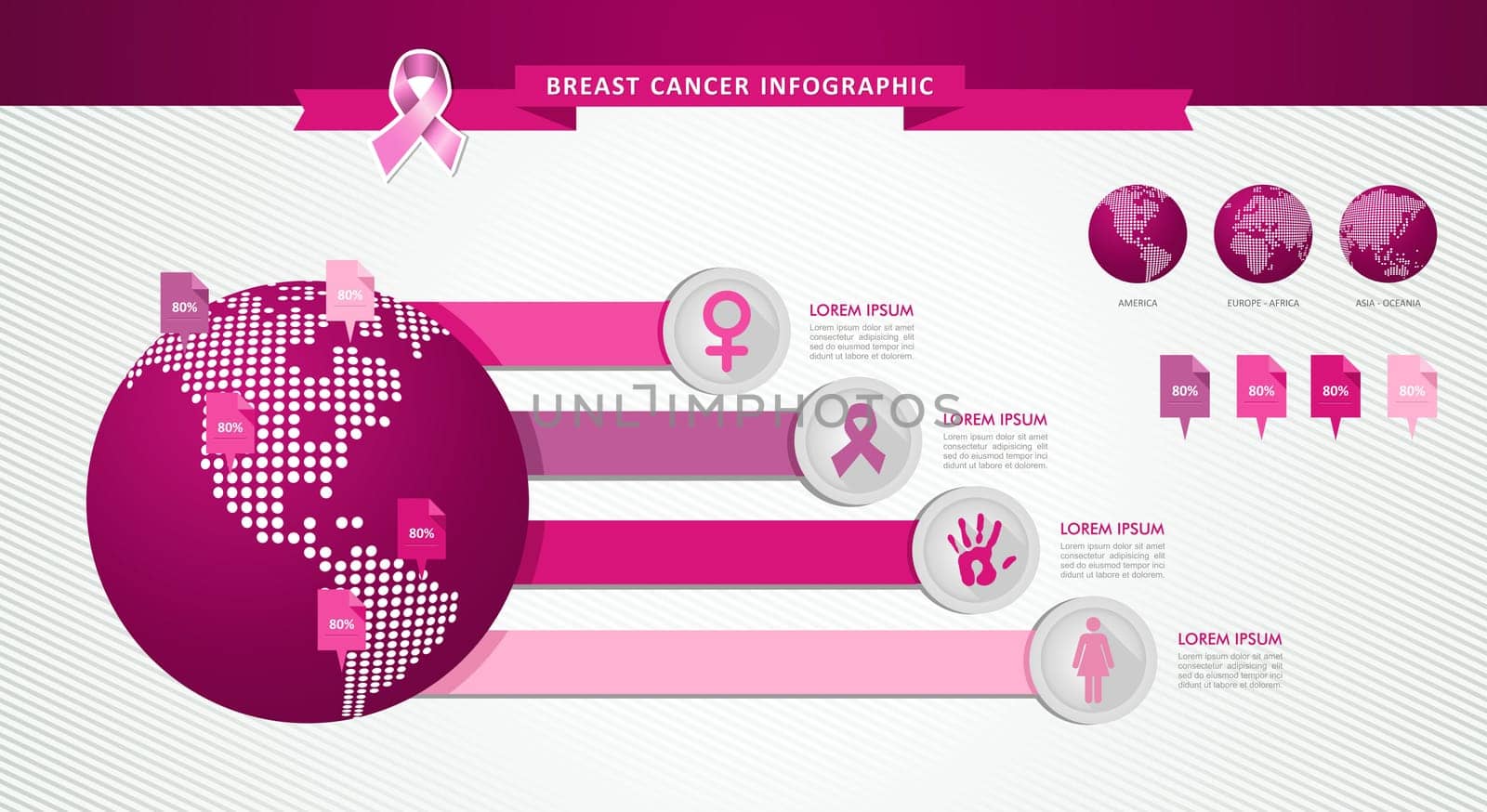 Breast cancer awareness infographics ribbon symbol global links icons graphic template. EPS10 vector file organized in layers for easy editing...