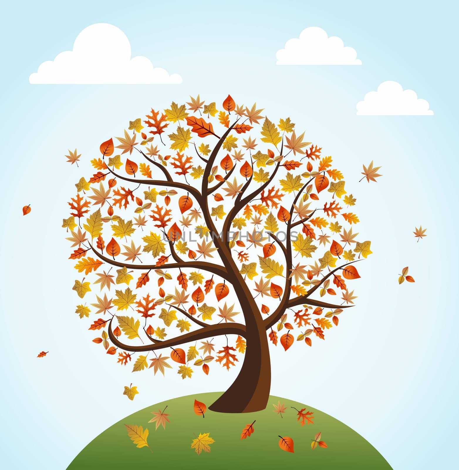 Vintage autumn composition. Tree with falling leaves over world illustration. EPS10 vector file organized in layers for easy editing.