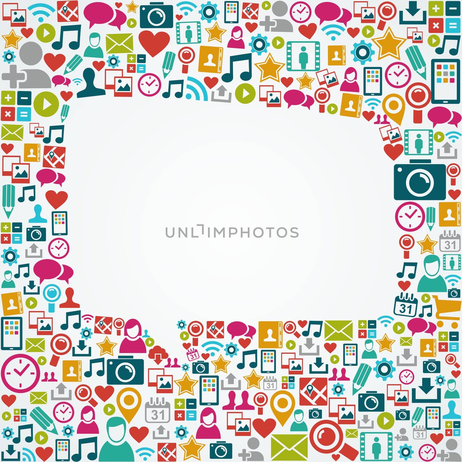 White social media speech bubble silhouette over icons composition. EPS10 vector file organized in layers for easy editing.