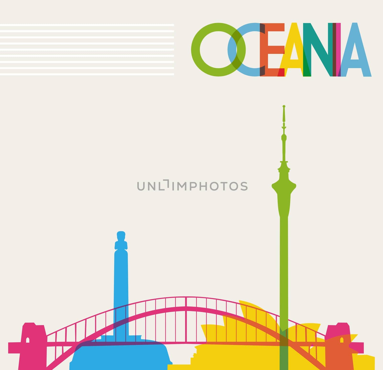 Diversity monuments of Oceania, famous landmarks colors transparency. Vector file organized in layers for easy editing.