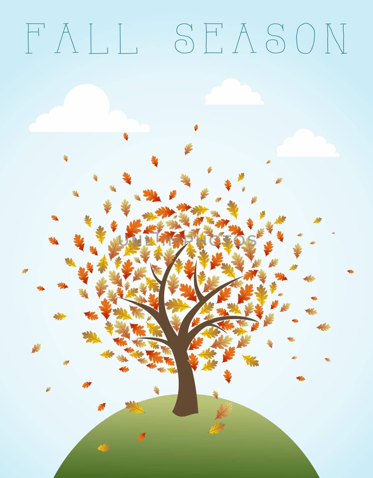 Vintage autumn composition. Tree with exploding leaves over world illustration. EPS10 vector file organized in layers for easy editing.