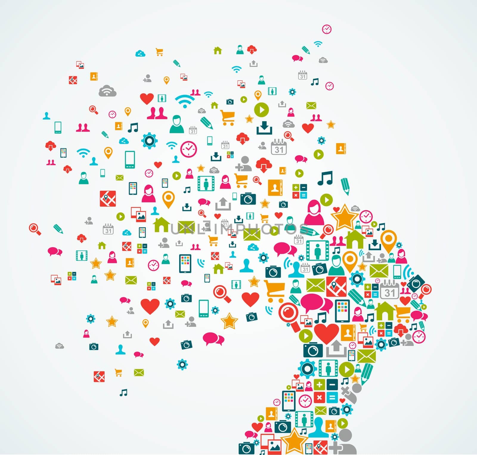 Woman head silhouette made with social media icons splash concept illustration. EPS10 vector file organized in layers for easy editing.