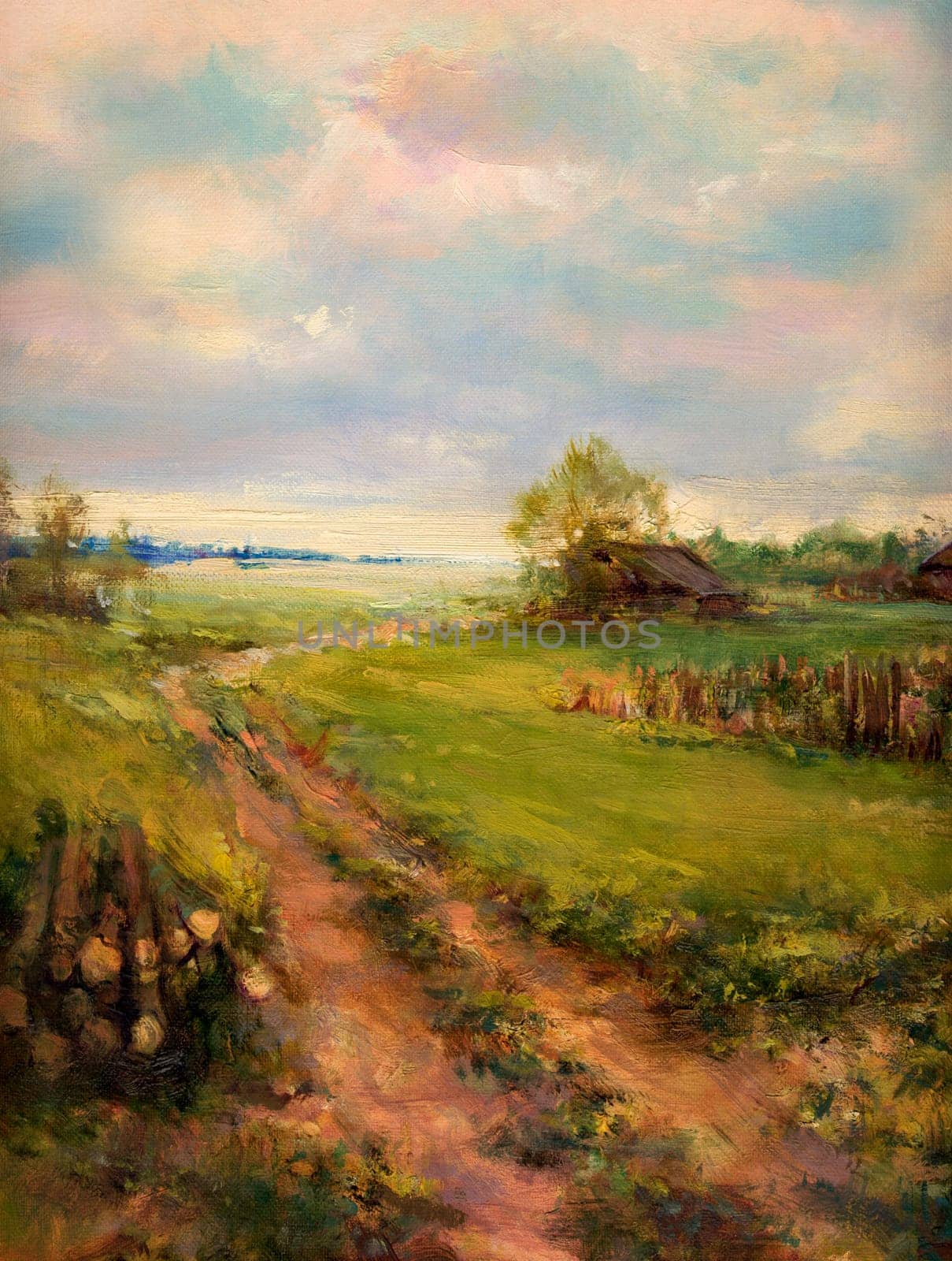 Landscape painted with oil paints on canvas - retro