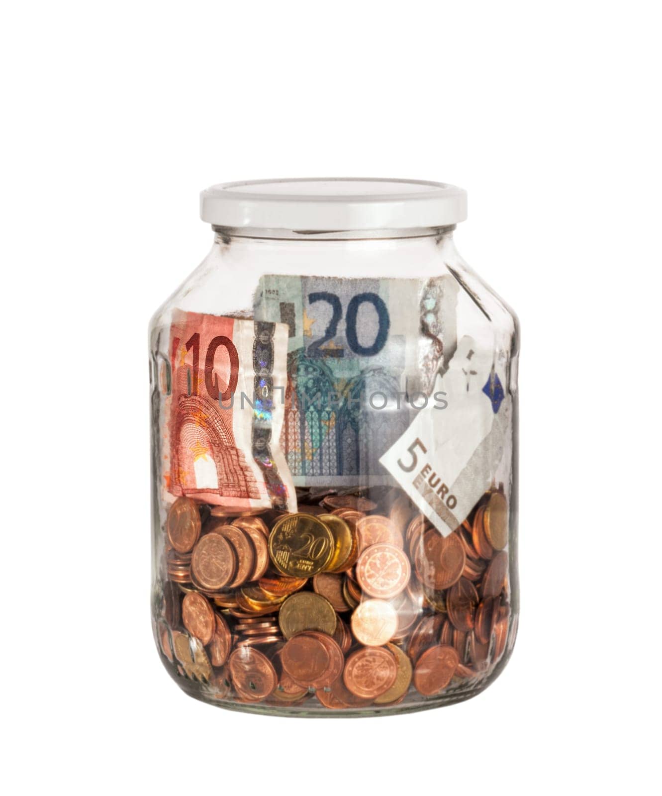 Glass box full of euro currency and coins. Building savings concept. Isolated on white