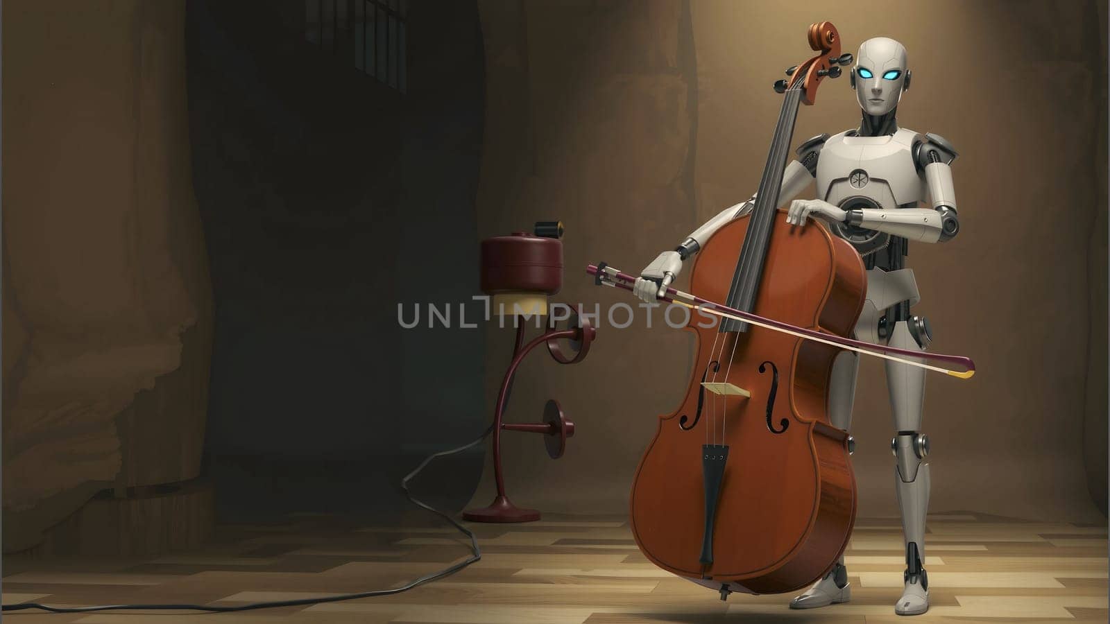The robot playing classical music on cello on black background