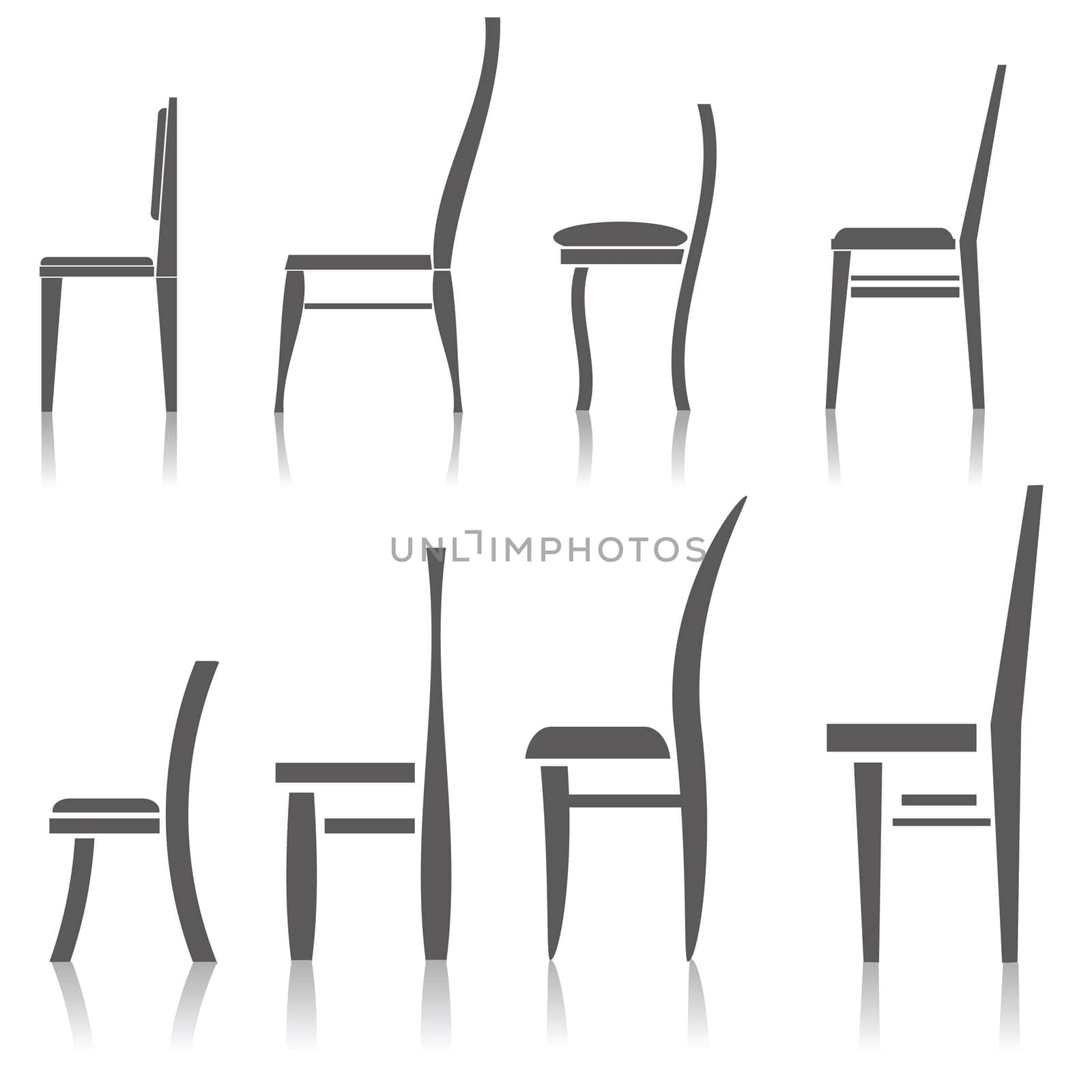 set of silhouette chairs on white background