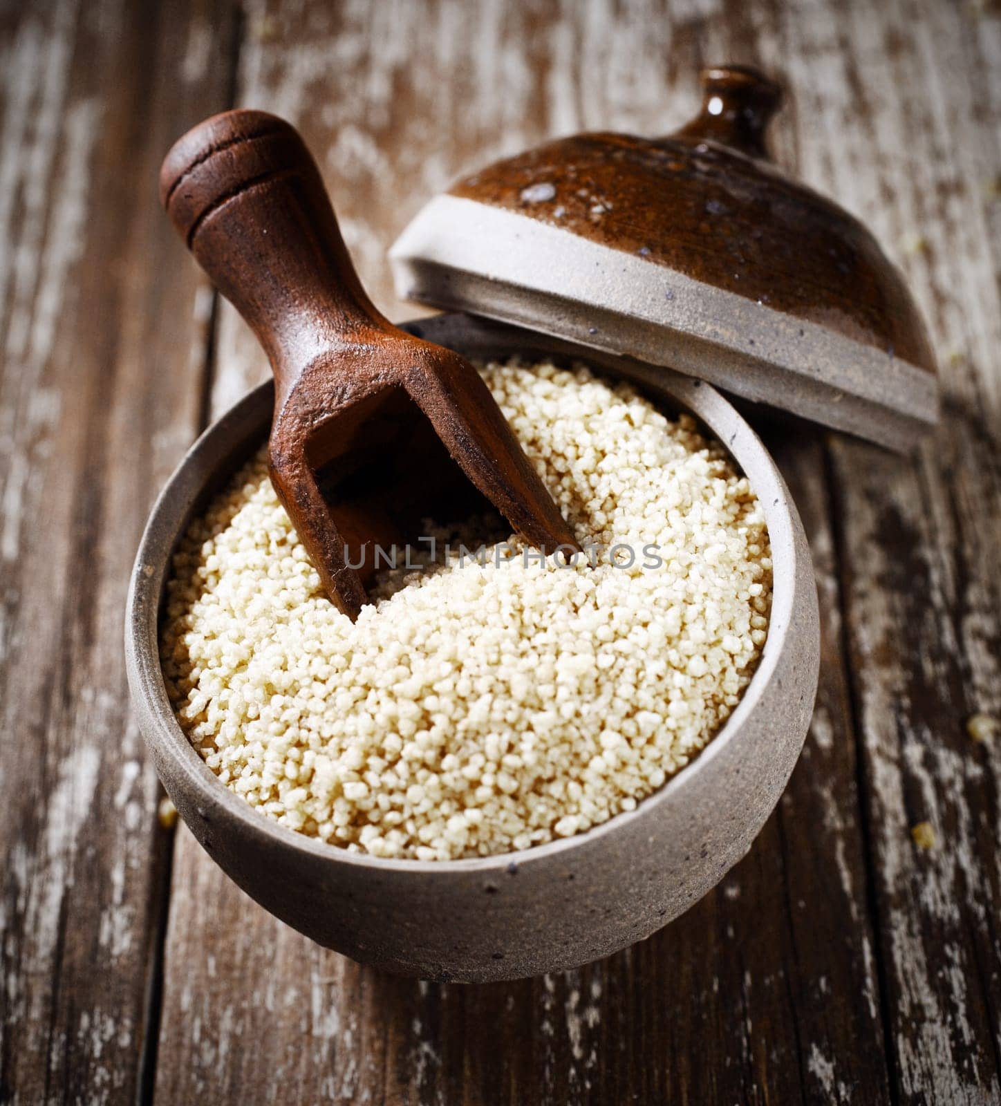 High angle view of dried quinoa seeds, a member of the goosefoot family very high in proteins and a staple ingredient in South American cuisine
